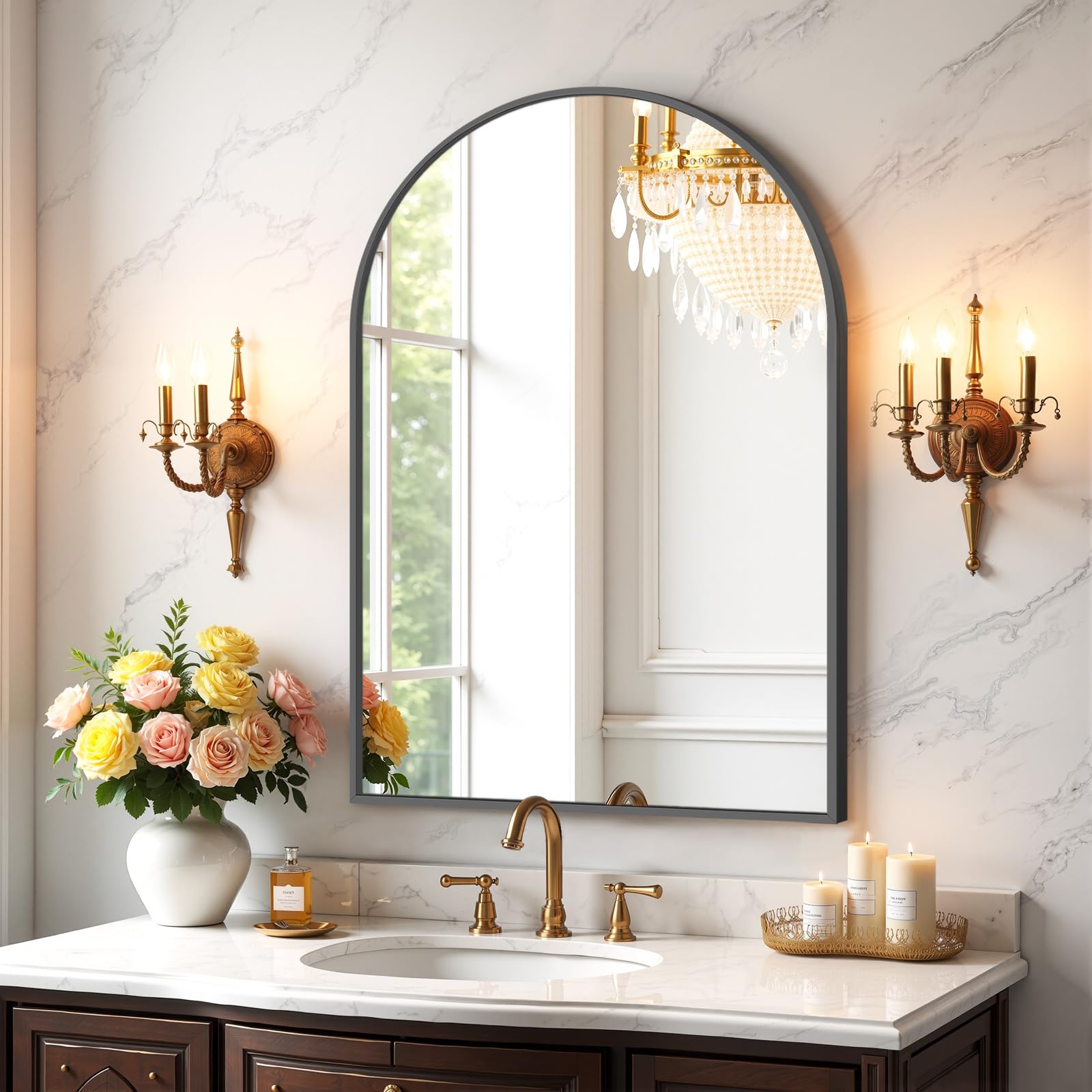 Bathroom Mirror for Wall, 24 Inch Round Mirror, Matte Black Metal Framed Circle Vanity Mirror for Bathroom Bedroom Living Room Entryway, Anti-Rust, Tempered Glass, Hanging or Leaning