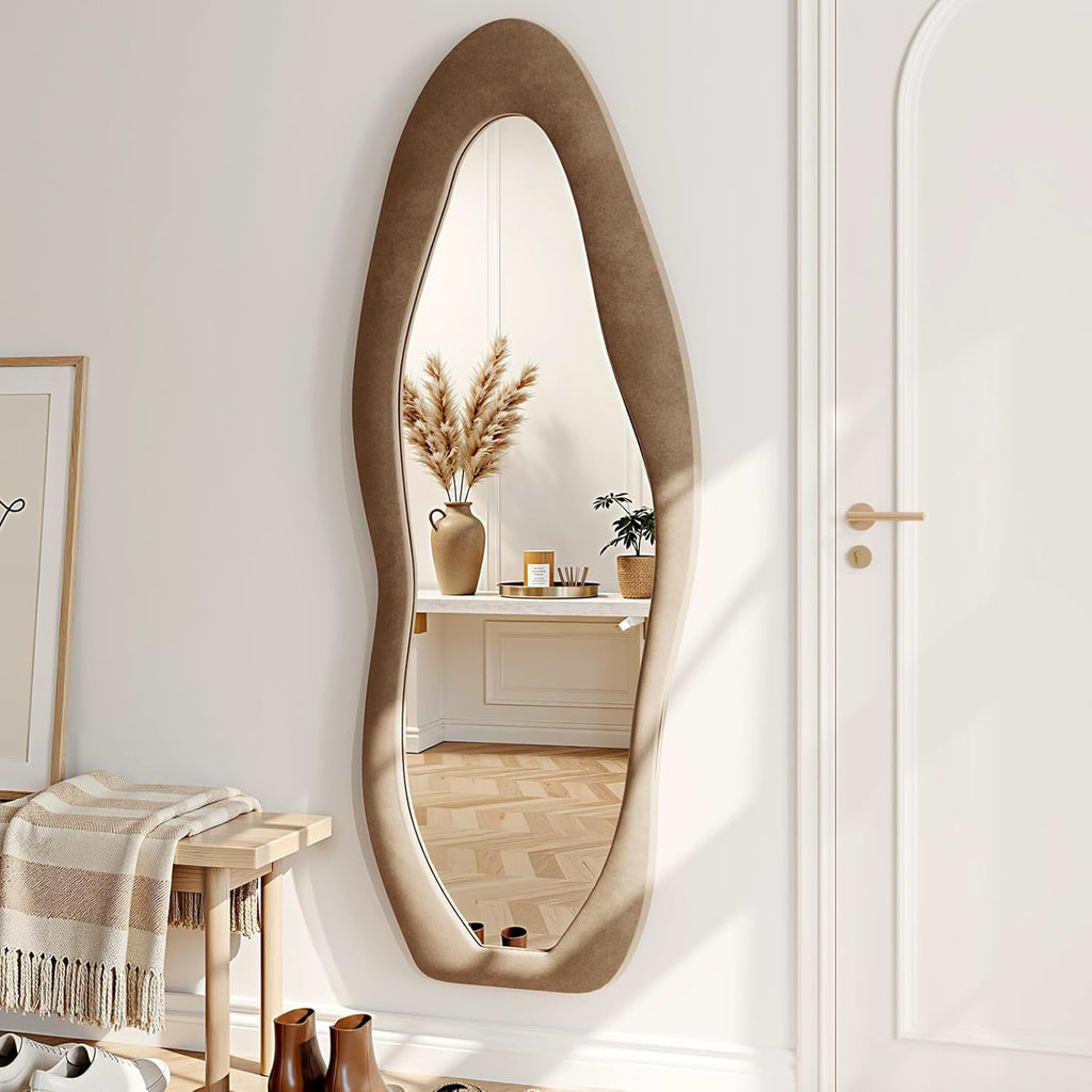 Irregular Full Length Mirror, 63"x24" Flannel Full Body Mirrors, Velvet Floor Mirrors with Stand, Irregular Wavy Mirror Hanging or Leaning Against Wall for Bedroom Living Room, Brown