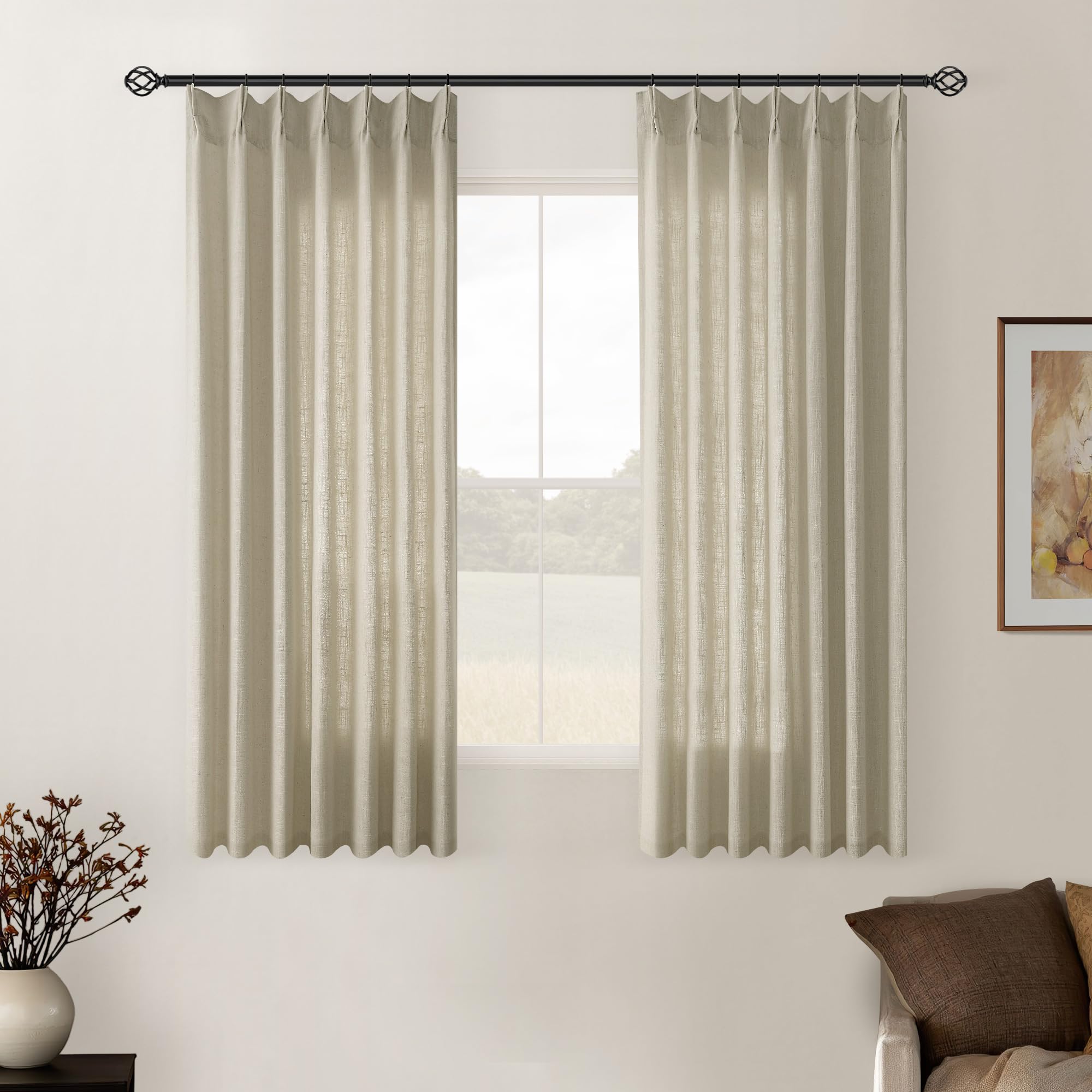 Pinch Pleated Linen Curtains 108 Inches Long for Living Room 2 Panels Set Cream Ivory Flax Double Pleated Drapes Back Tab Neutral Boho Ceiling Floor 108 Inch Window Curtains Bedroom Natural Birch