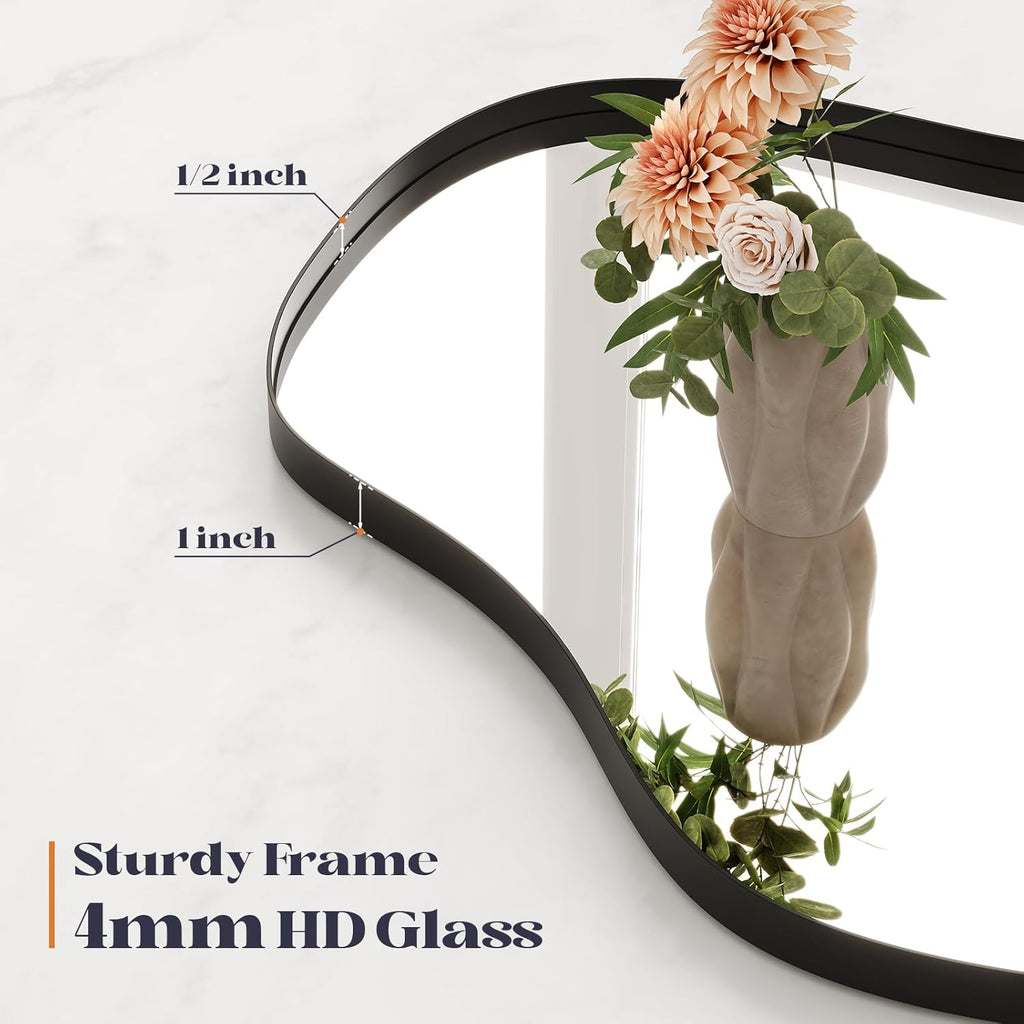 Irregular Wall Mirror, 20” x 36” Black Wavy Mirror with Modern Shaped, Asymmetrical Mirrors for Decorative Bathroom, Entryways, Living Room, Vanity