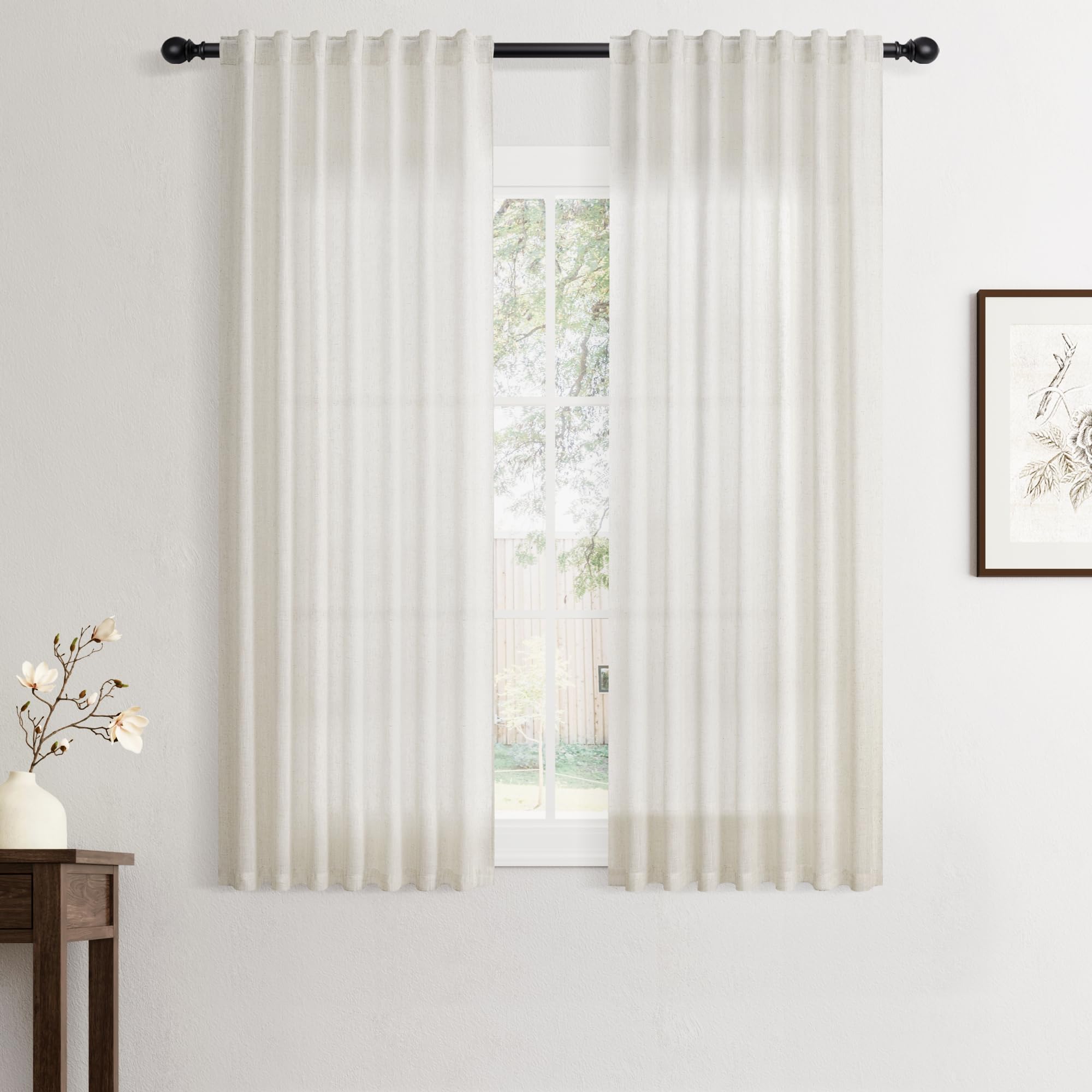 Flax Linen Beige Curtains 96 inches Long 2 Panel for Living Room Back Tab Pocket Drapes Semi Sheer Privacy Khaki Window Curtain Country Rustic Farmhouse Cloth Curtain for Dinning Room Tan