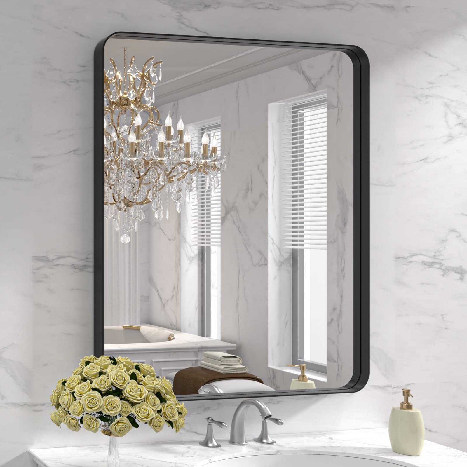 LOAAO Black Metal Framed Bathroom Mirror for Wall, 22X30 Inch Rounded Rectangle Mirror, Matte Black Bathroom Vanity Mirror Farmhouse, Anti-Rust, Hangs Horizontally or Vertically