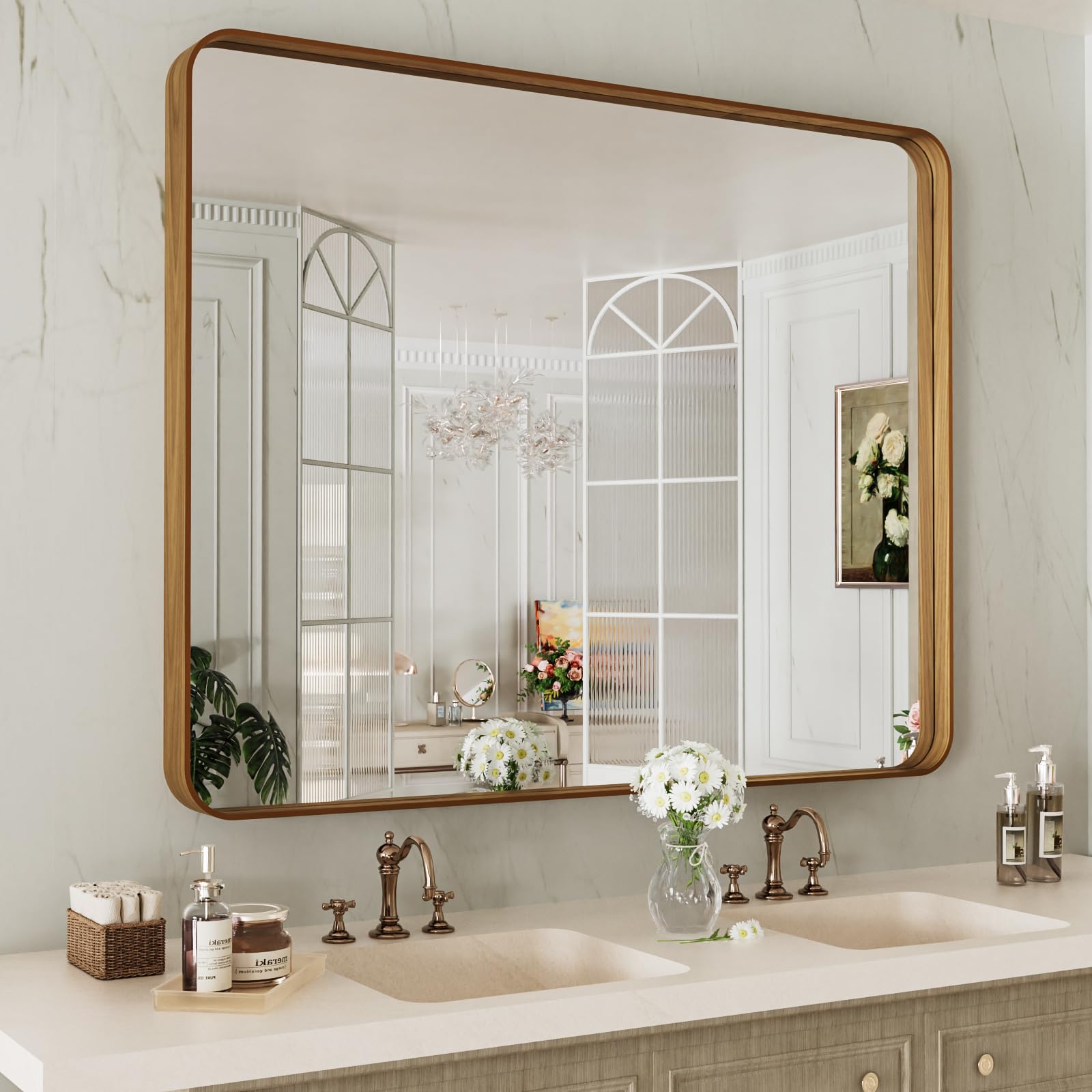 LOAAO Black Metal Framed Bathroom Mirror for Wall, 22X30 Inch Rounded Rectangle Mirror, Matte Black Bathroom Vanity Mirror Farmhouse, Anti-Rust, Hangs Horizontally or Vertically