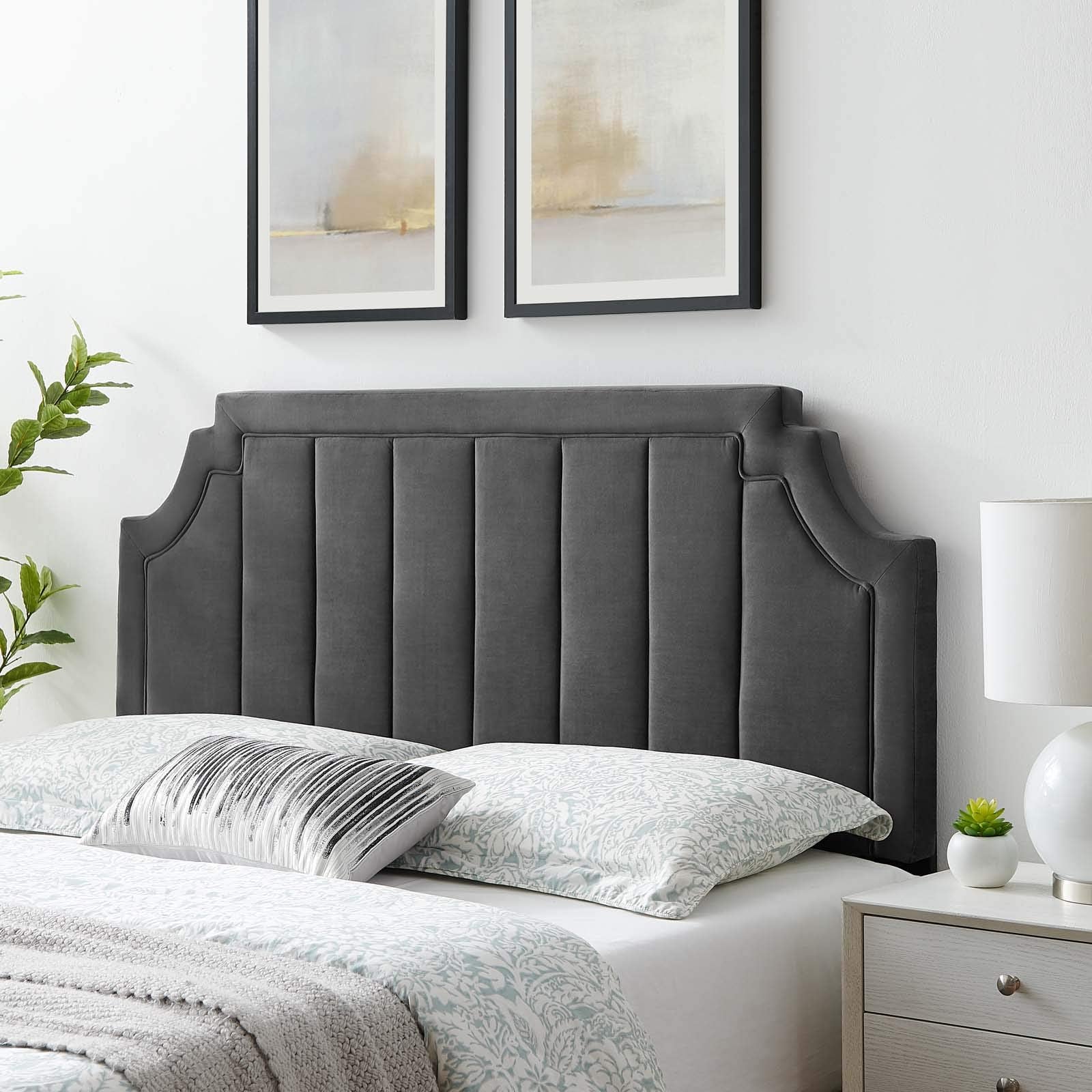 Modway Alyona Channel Tufted Performance Velvet Full/Queen Headboard in White