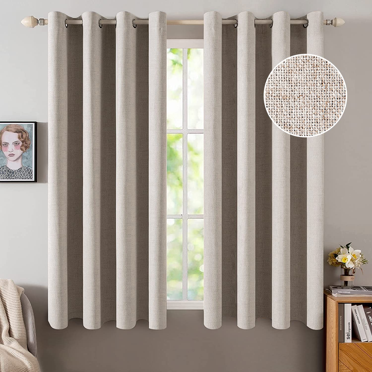 MIULEE 100% Blackout Linen Textured Curtains for Bedroom Solid Thermal Insulated Natural Beige Grommet Room Darkening Curtains & Drapes Luxury Decor for Living Room Nursery 52 x 96 Inch (2 Panels)