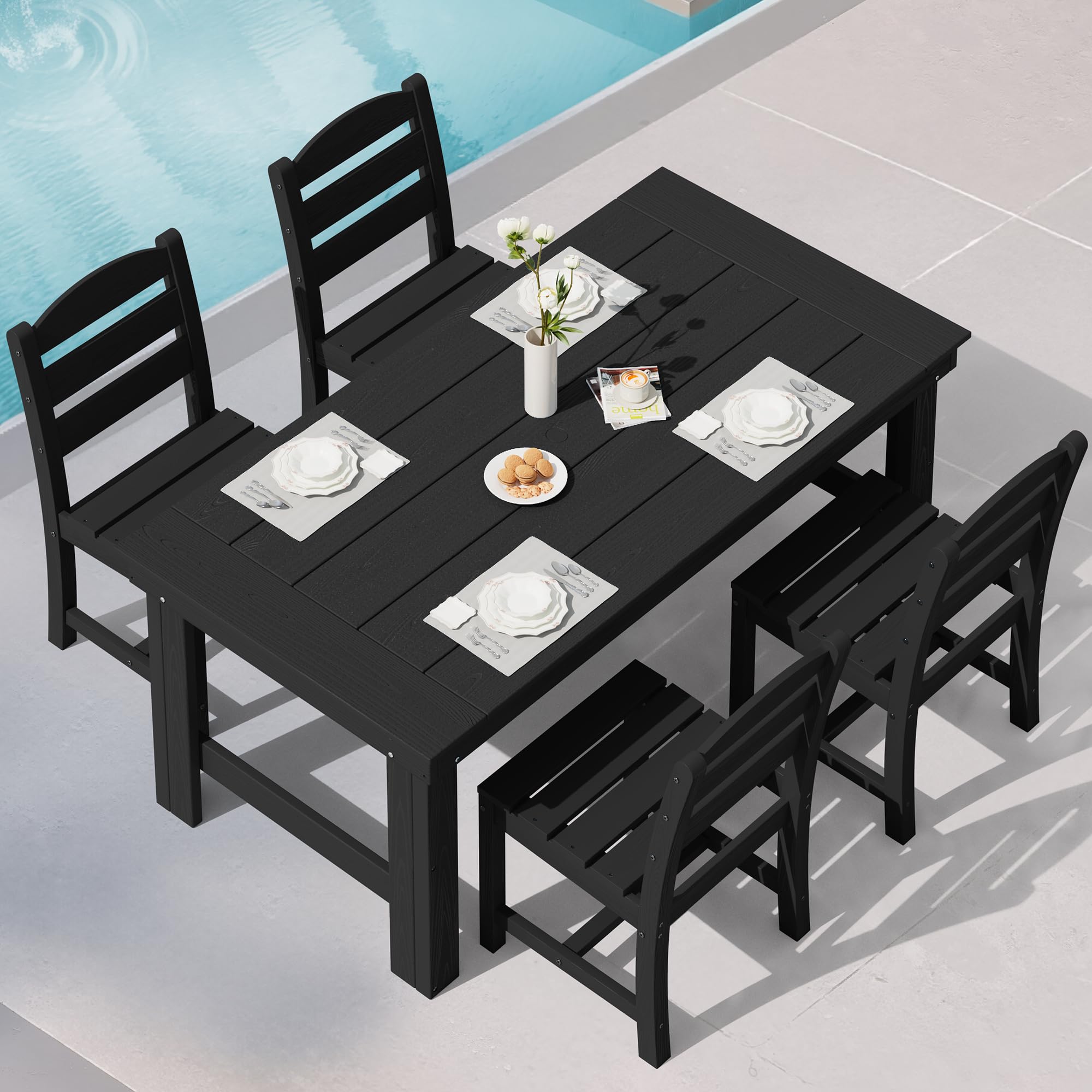 SERWALL Outdoor Dining Set for 4, HDPE Square Table and Chairs Set All Weather Patio Dining Set with 4 Classic Dining Chairs, 5-Piece Patio Dining Furniture for Deck, Brown