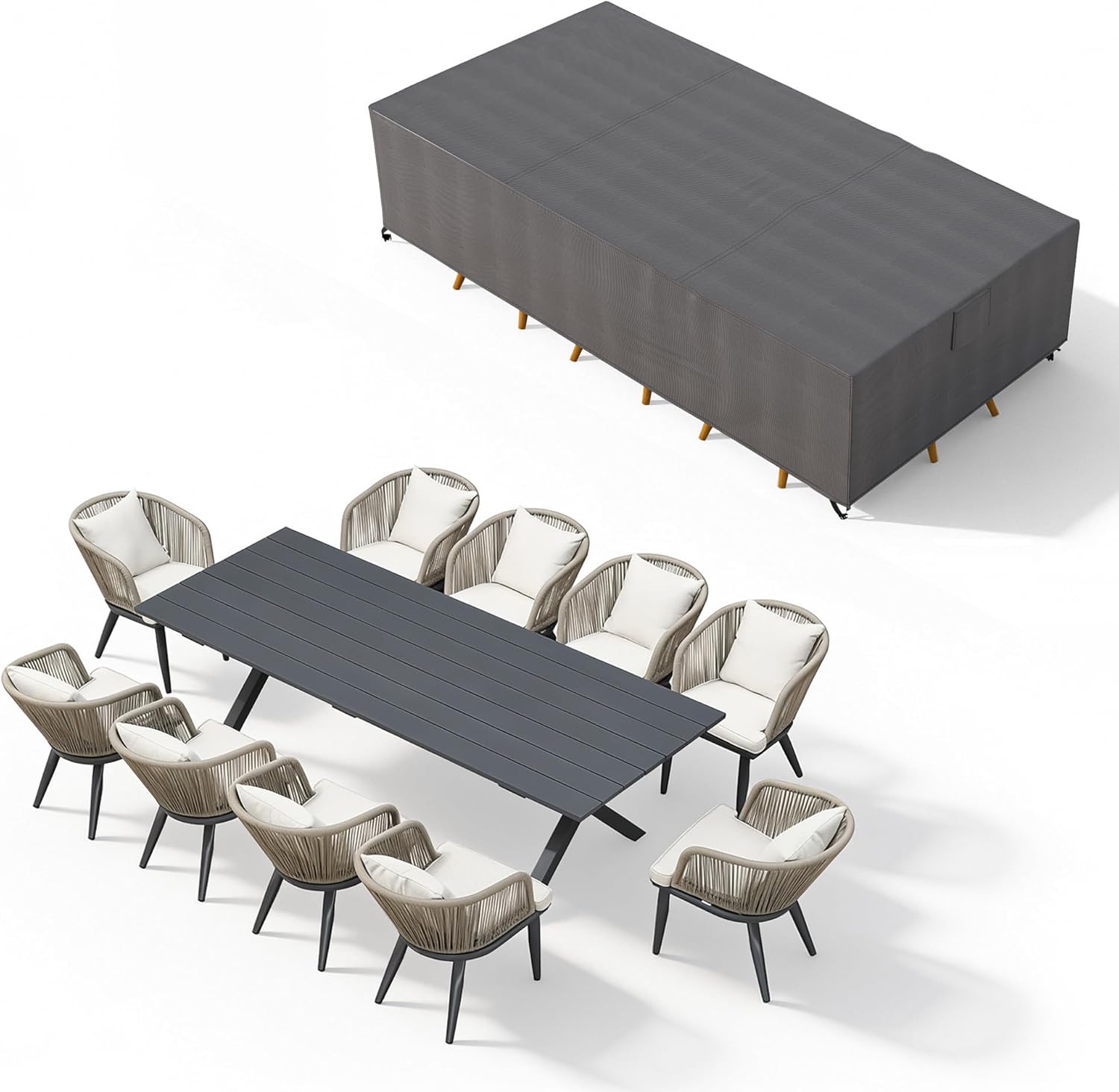 PURPLE LEAF 9 Pieces Patio Dining Set Wicker Outdoor Furniture Rectangular Table and Chairs Set for Garden Deck Teak-Finish Aluminum Frame Backyard Kitchen Set, Cushions and Pillows Included
