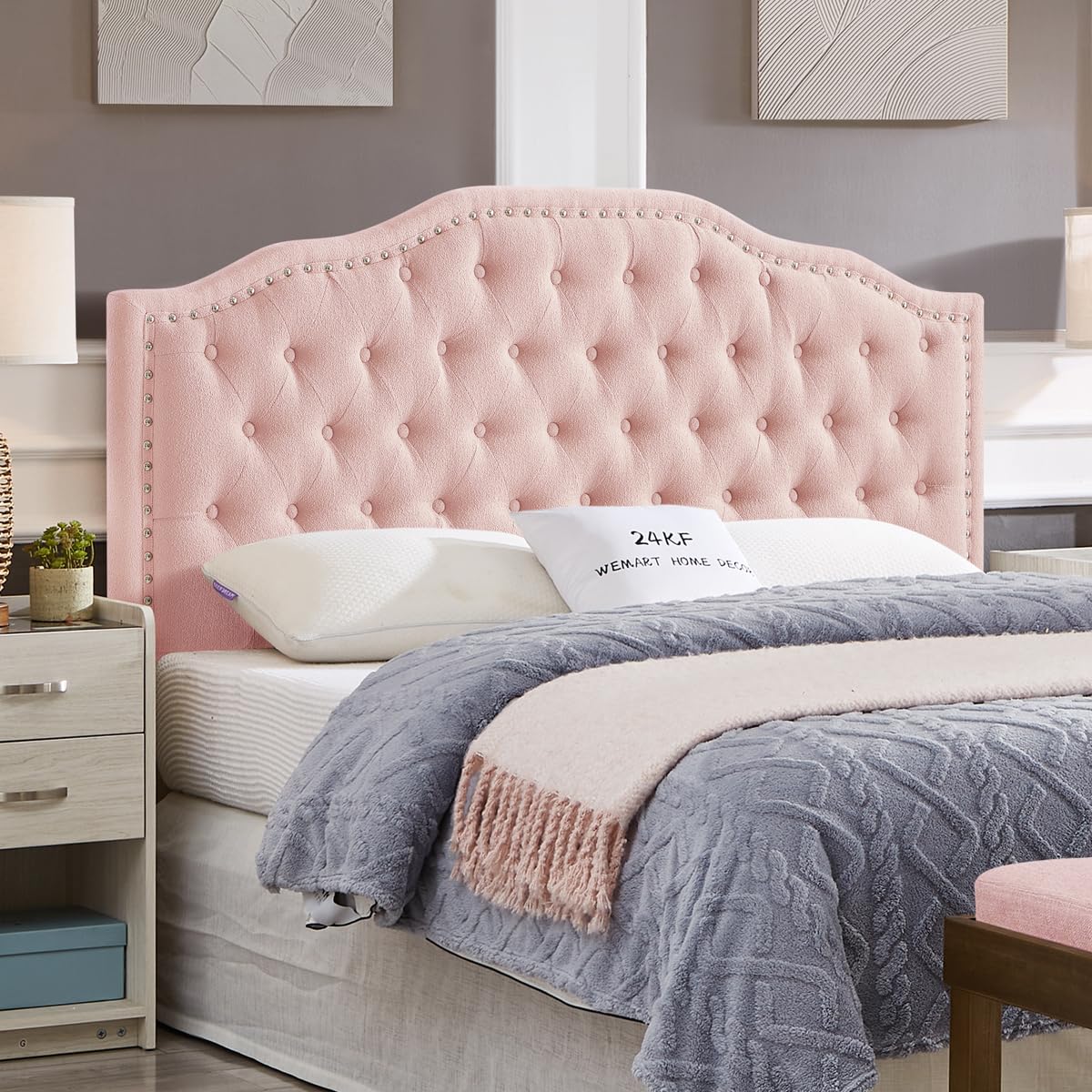 24KF Upholstered Button Tufted Queen Headboard with Nailhead Trim, Elegant Boucle Fabric Full headboard, 6031-Q-Boucle-Ivory
