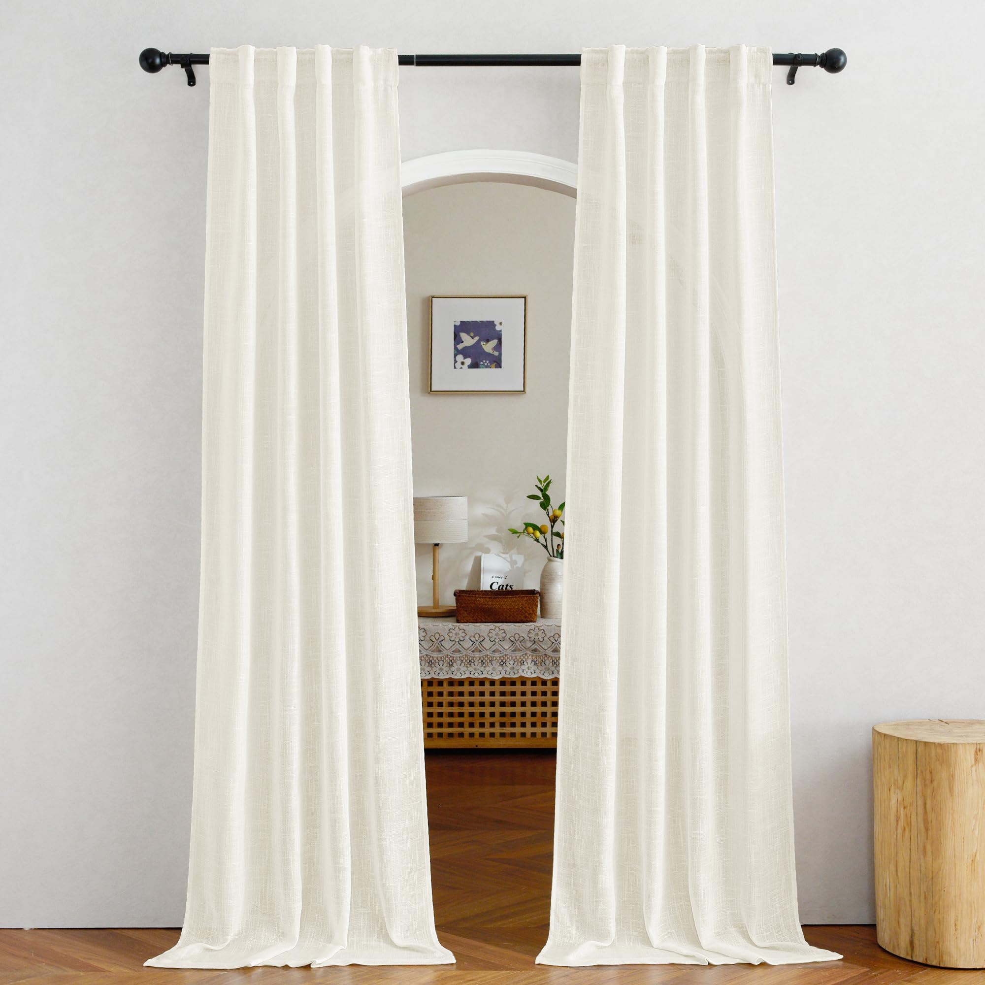 NICETOWN 120 inch Curtains Linen Blend for Bedroom, Rod Pocket & Back Tab Natural Linen Burlap Semi Sheer Window Treatments Privacy with Light Filtering for Living Room, W52 x L120, 2 Panels