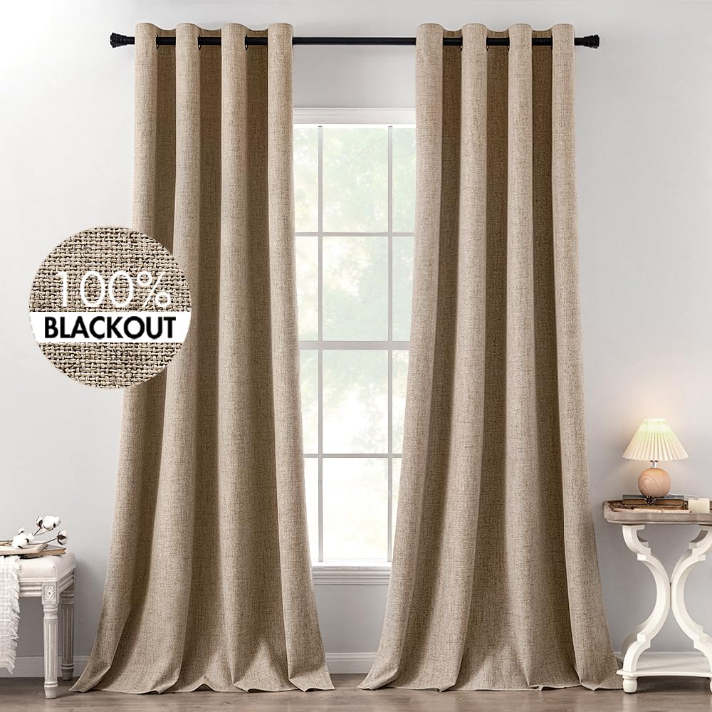MIULEE Linen Texture Curtains for Bedroom Solid 100% Blackout Thermal Insulated Dusty Blue Curtains Grommet Room Darkening Drapes Luxury Decor for Living Room Nursery 52x84 Inch (2 Panels)