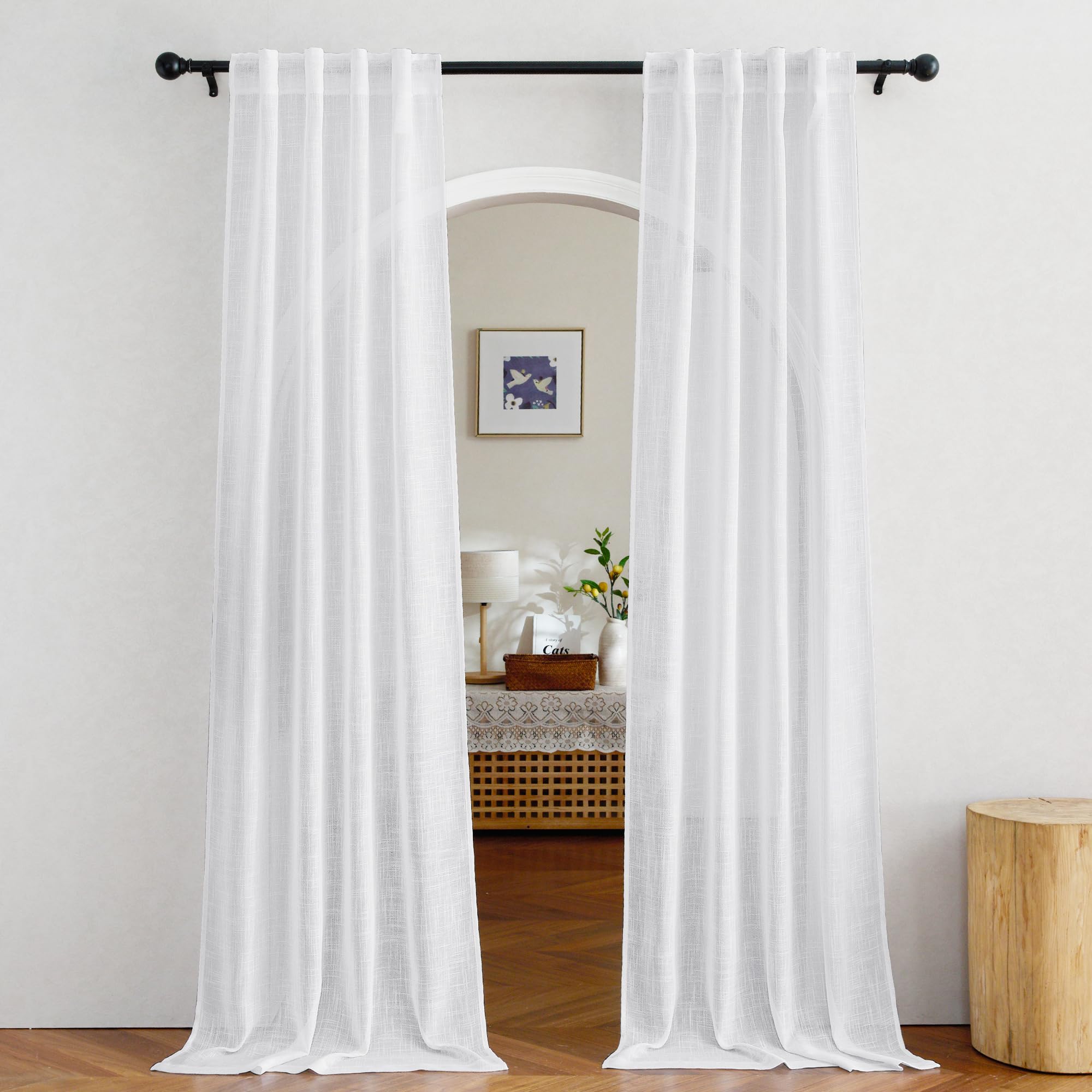 NICETOWN 120 inch Curtains Linen Blend for Bedroom, Rod Pocket & Back Tab Natural Linen Burlap Semi Sheer Window Treatments Privacy with Light Filtering for Living Room, W52 x L120, 2 Panels