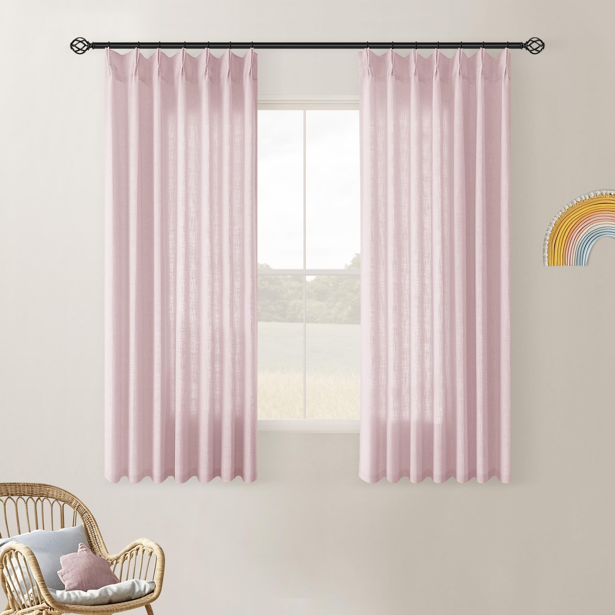 Pinch Pleated Linen Curtains 108 Inches Long for Living Room 2 Panels Set Cream Ivory Flax Double Pleated Drapes Back Tab Neutral Boho Ceiling Floor 108 Inch Window Curtains Bedroom Natural Birch