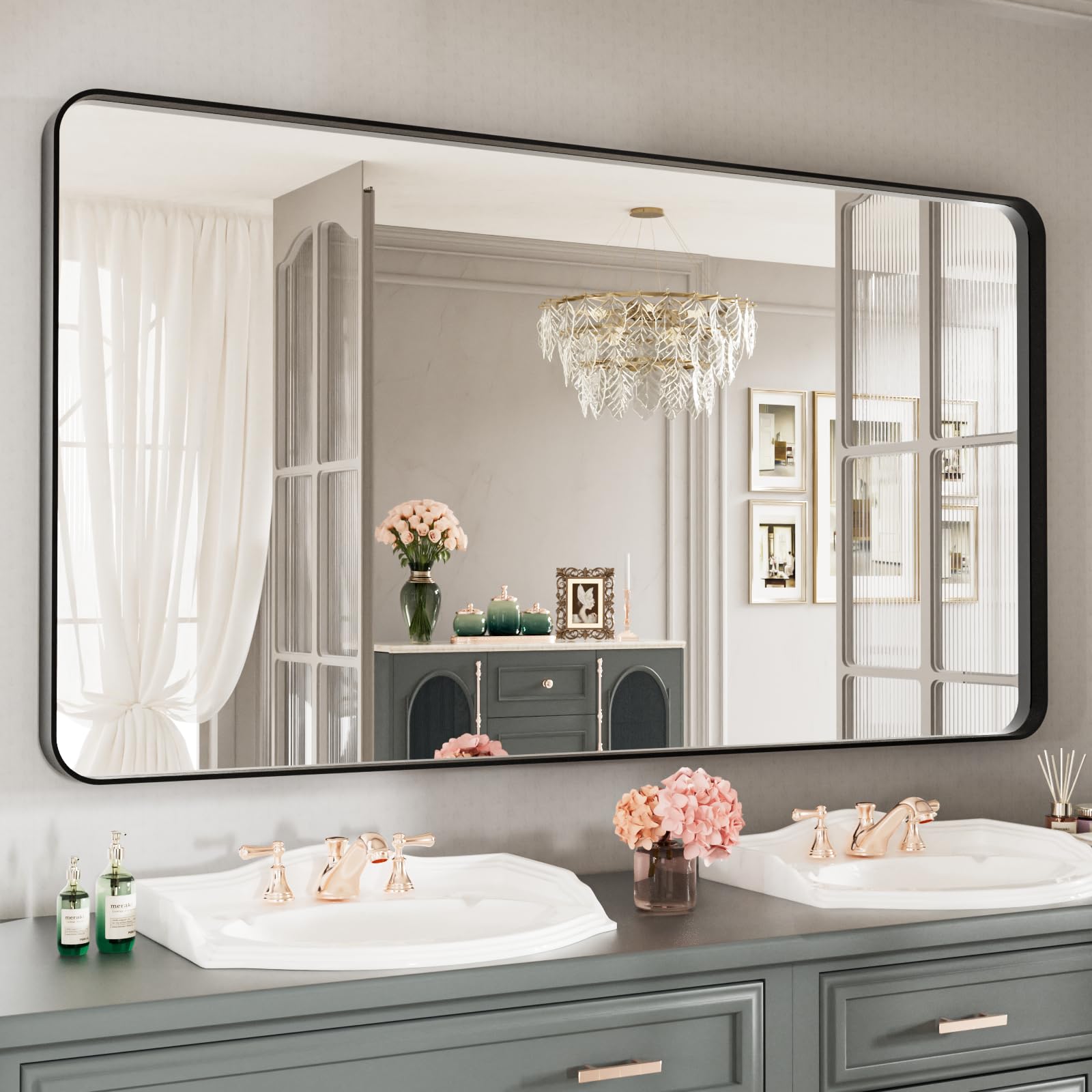 LOAAO Black Metal Framed Bathroom Mirror for Wall, 22X30 Inch Rounded Rectangle Mirror, Matte Black Bathroom Vanity Mirror Farmhouse, Anti-Rust, Hangs Horizontally or Vertically