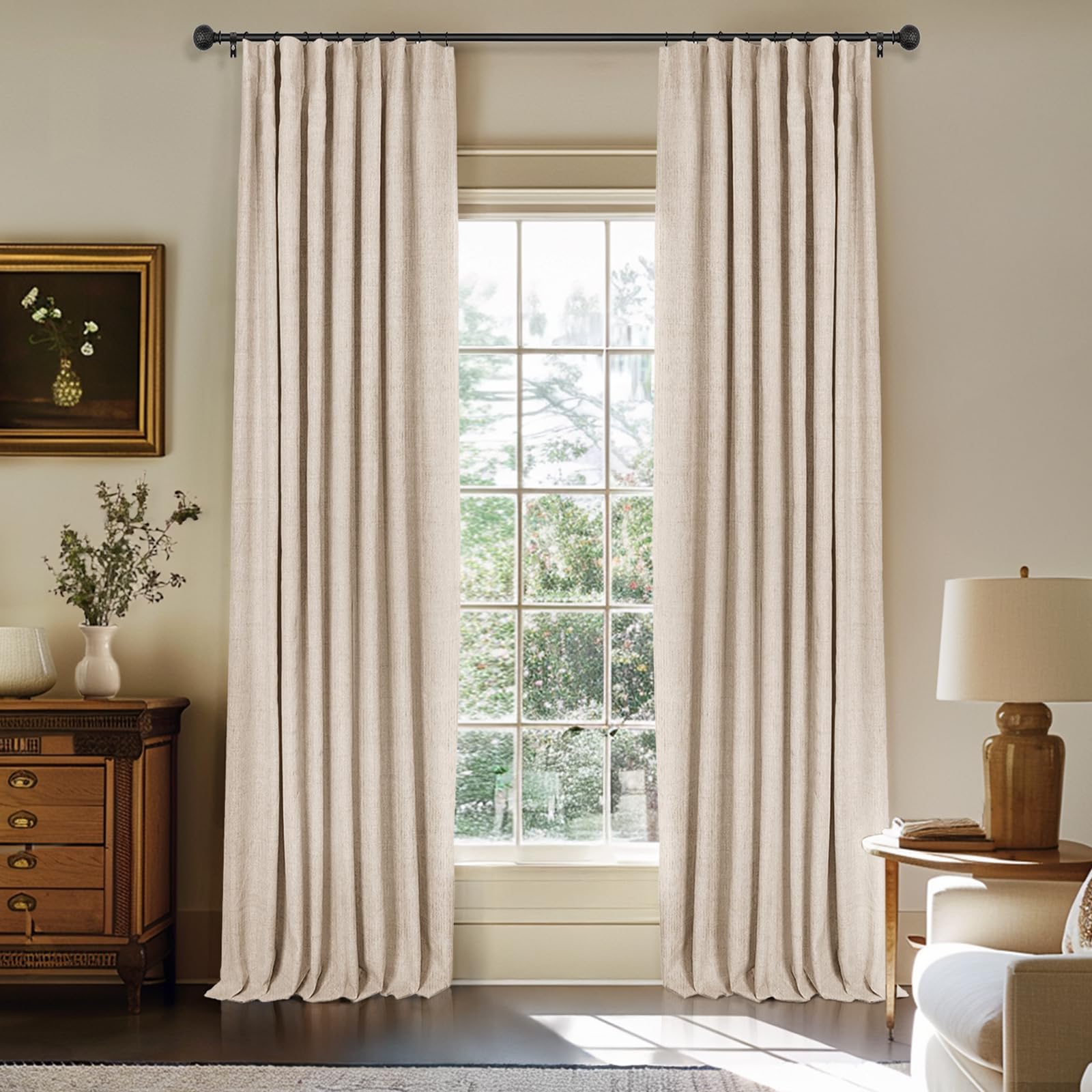 INOVADAY 100% Blackout Curtains for Bedroom, Black Out Curtains 84 Inch Long, Clip Rings Linen Blackout Drapes, Thermal Insulated Room Darkening for Living Room, 2 Panels - Beige,W50xL84