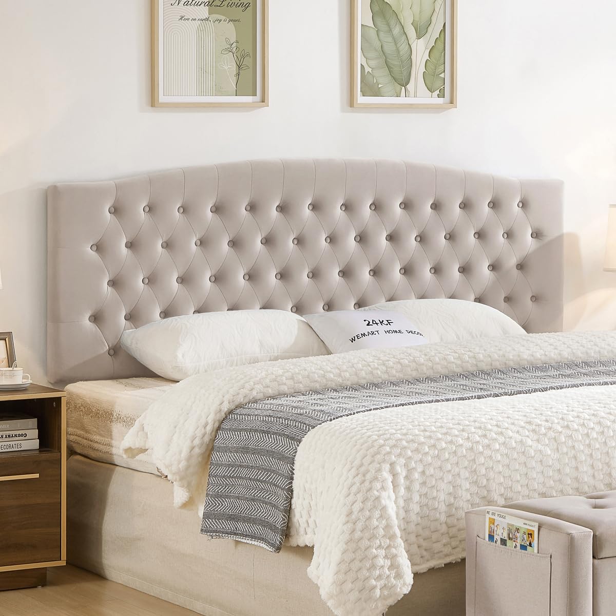 24KF Upholstered Tufted Button Linen Fabric Headboard,Comfortable Fashional Headboard Queen/Full Size,Ivory