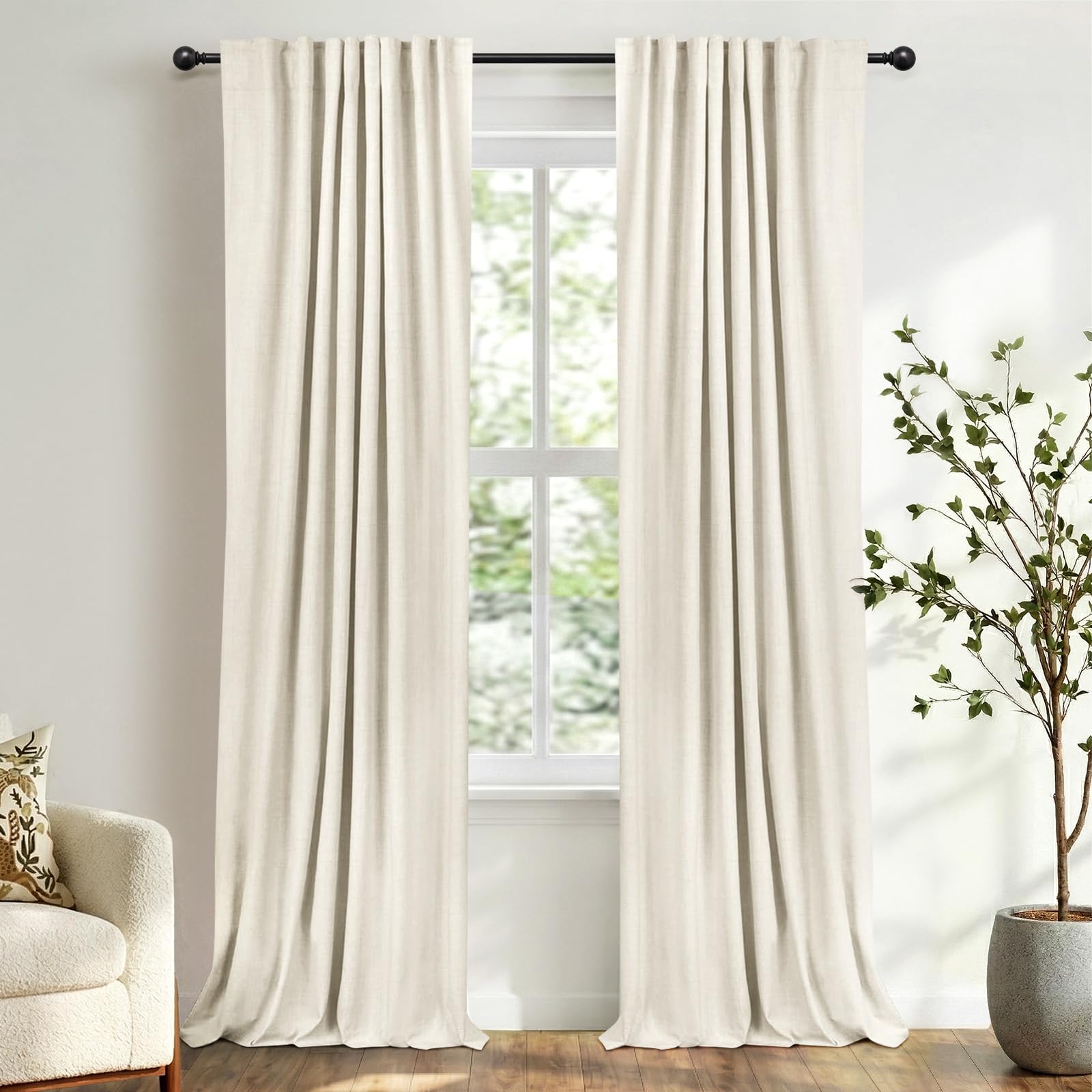 100% Blackout Shield Linen Blackout Curtains for Bedroom 90 Inches Long, Back Tab/Rod Pocket Living Room Drapes, Thermal Insulated Blackout Curtains 2 Panels Set, 50" W x 90" L,Cream