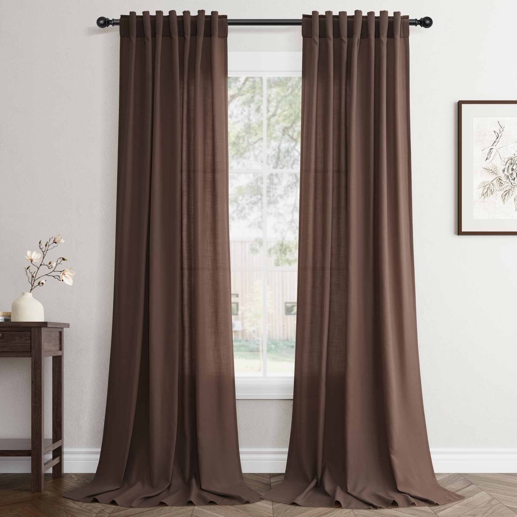 Flax Linen Beige Curtains 96 inches Long 2 Panel for Living Room Back Tab Pocket Drapes Semi Sheer Privacy Khaki Window Curtain Country Rustic Farmhouse Cloth Curtain for Dinning Room Tan