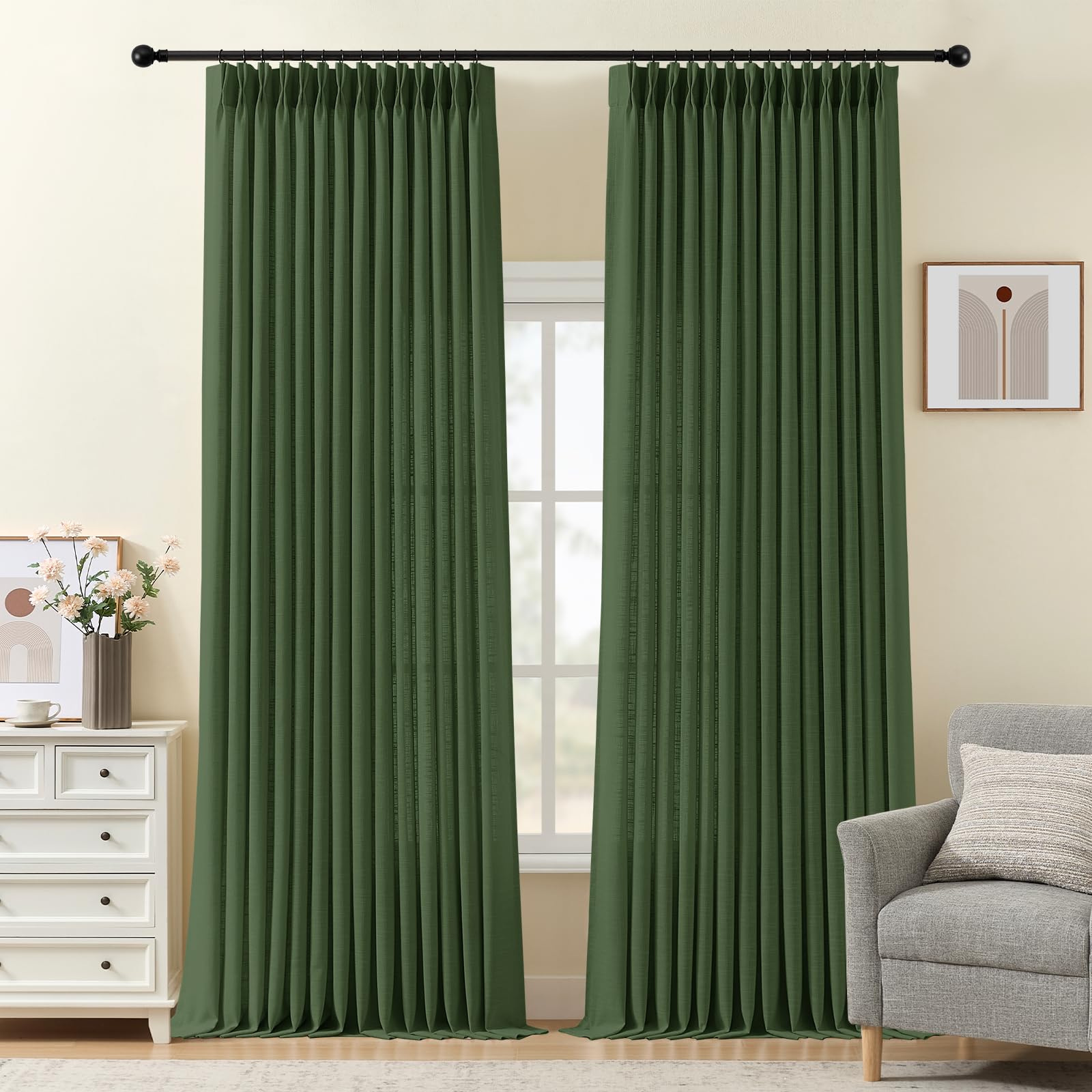 Pinch Pleated Linen Curtains 84 Inch Length 2 Panels Set, Light Filtering Linen Blend Sheer Drapes Memory Trained Pleated Curtain Back Tab with Hooks Rings for Living Room Bedroom, Natural, W40xL84