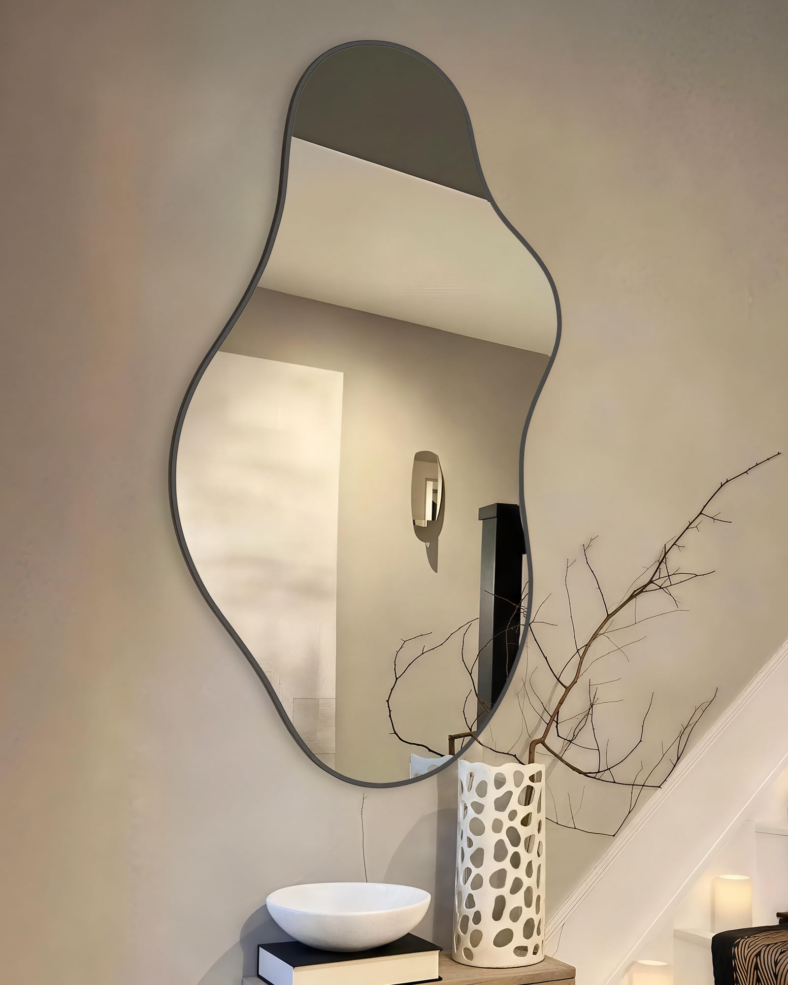 Irregular Wall Mirror 24×40 Inch Wall Mirrors Decorative Black Modern Asymmetrical Abstract Mirror for Bathroom Bedroom Living Room Entryway Hallway