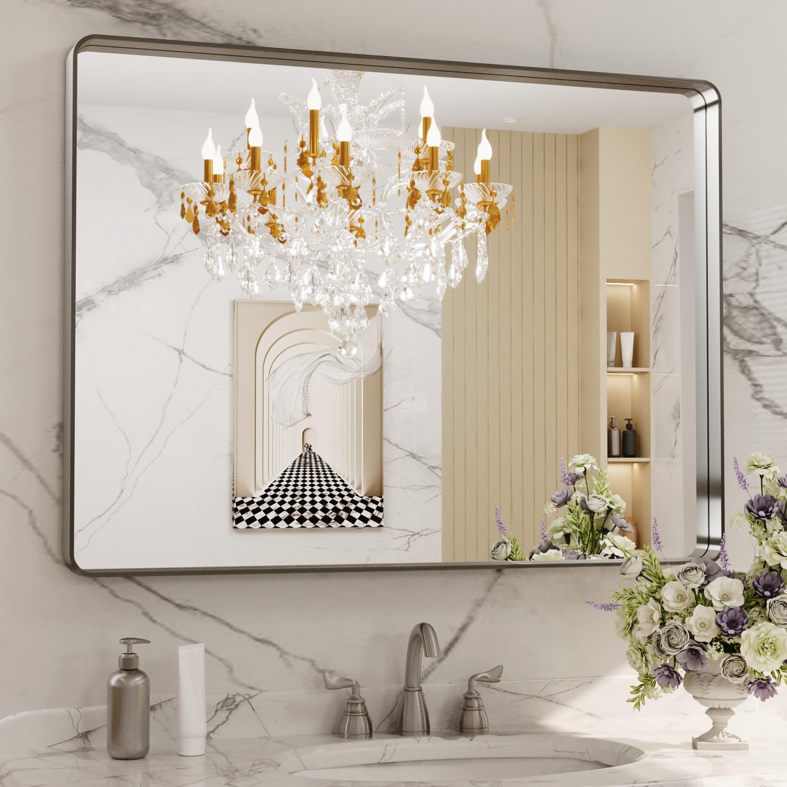 LOAAO Black Metal Framed Bathroom Mirror for Wall, 22X30 Inch Rounded Rectangle Mirror, Matte Black Bathroom Vanity Mirror Farmhouse, Anti-Rust, Hangs Horizontally or Vertically