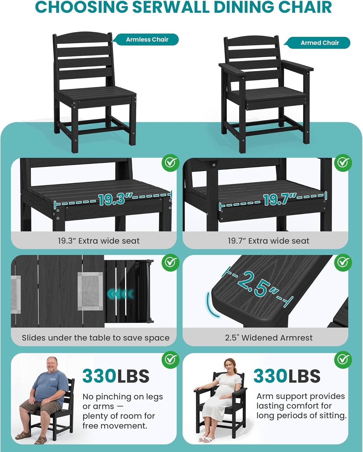 SERWALL Patio Dining Sets for 6 Person, HDPE Dining Set with 6 Armless Chairs, Black