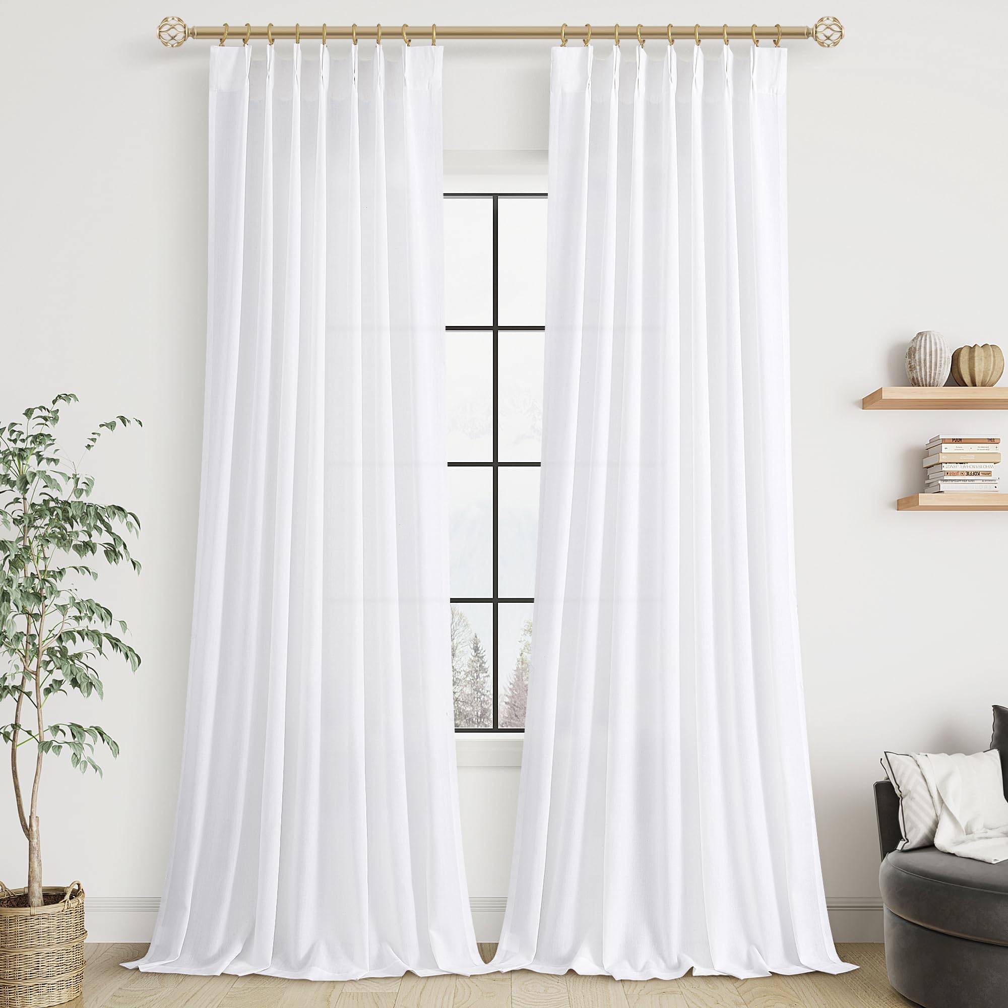 Extra Long Linen Curtains 108 Inch for Living Room Cream Pinch Pleated 9 FT Drapes Semi Sheer Ceiling to Floor Curtain for Bedroom Back Tab Flax Neutral Boho Decor Window, Natural Beige Ivory 2 Panels
