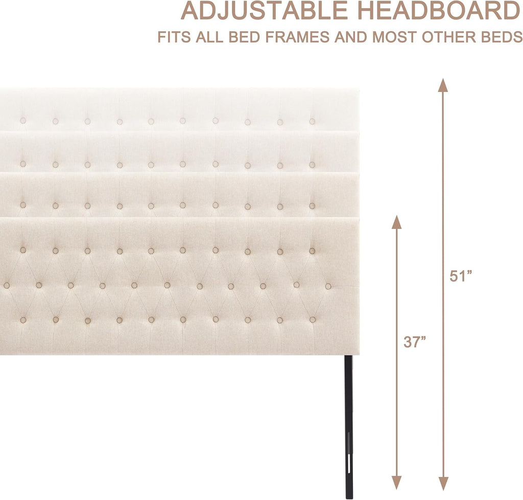 Huatean Home Tufted Upholstered Headboard Queen Size, Solid Wood Head Board with Durable Metal Legs, Adjustable Height Bed headboard from 37” to 51” Fabric Headboard in Modern Button Design, Beige