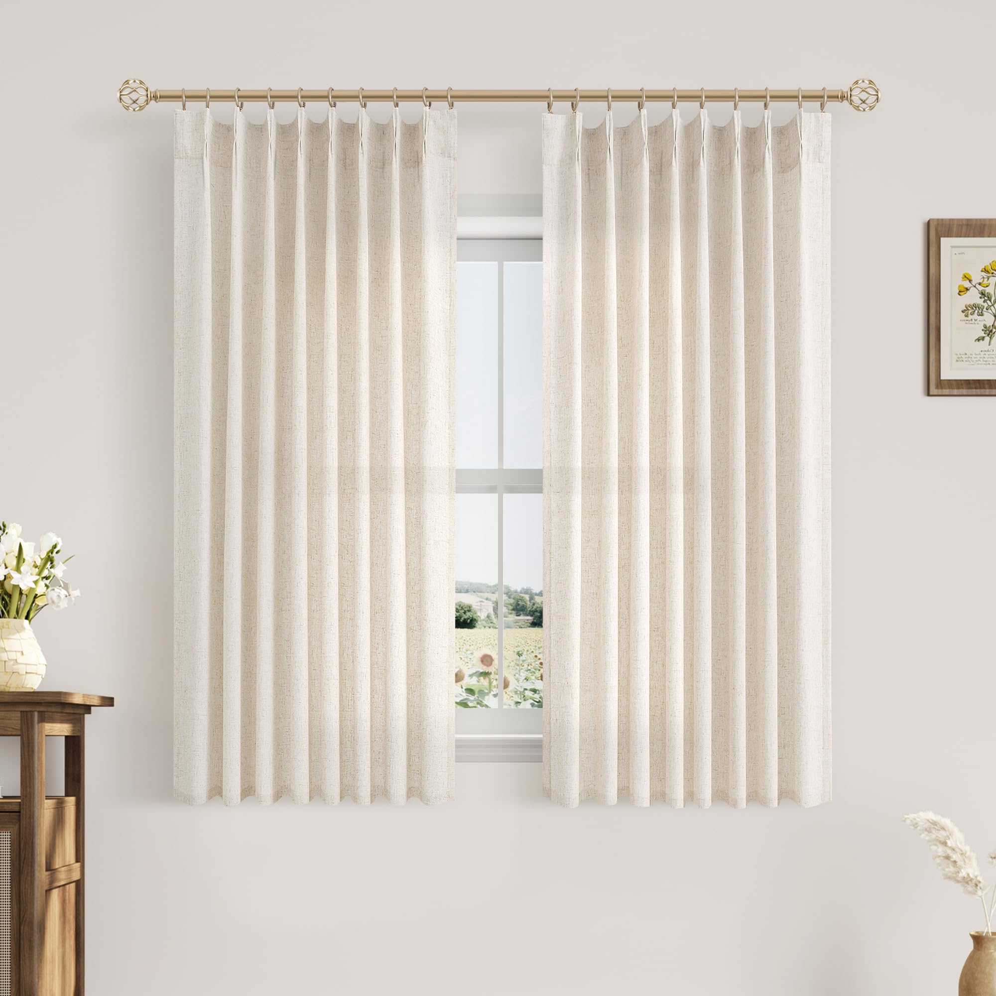 Extra Long Linen Curtains 108 Inch for Living Room Cream Pinch Pleated 9 FT Drapes Semi Sheer Ceiling to Floor Curtain for Bedroom Back Tab Flax Neutral Boho Decor Window, Natural Beige Ivory 2 Panels