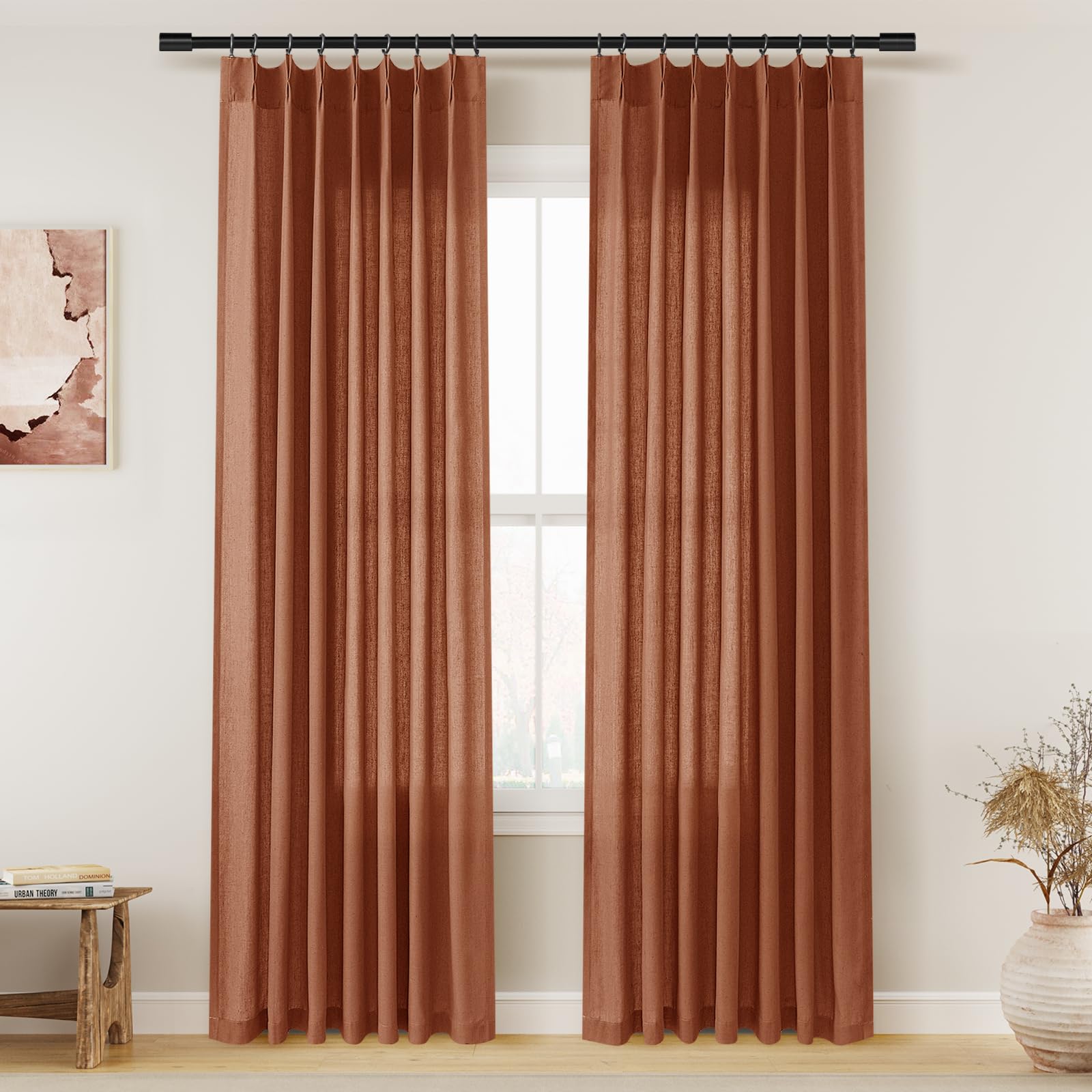 Extra Long Linen Curtains 108 Inch for Living Room Cream Pinch Pleated 9 FT Drapes Semi Sheer Ceiling to Floor Curtain for Bedroom Back Tab Flax Neutral Boho Decor Window, Natural Beige Ivory 2 Panels