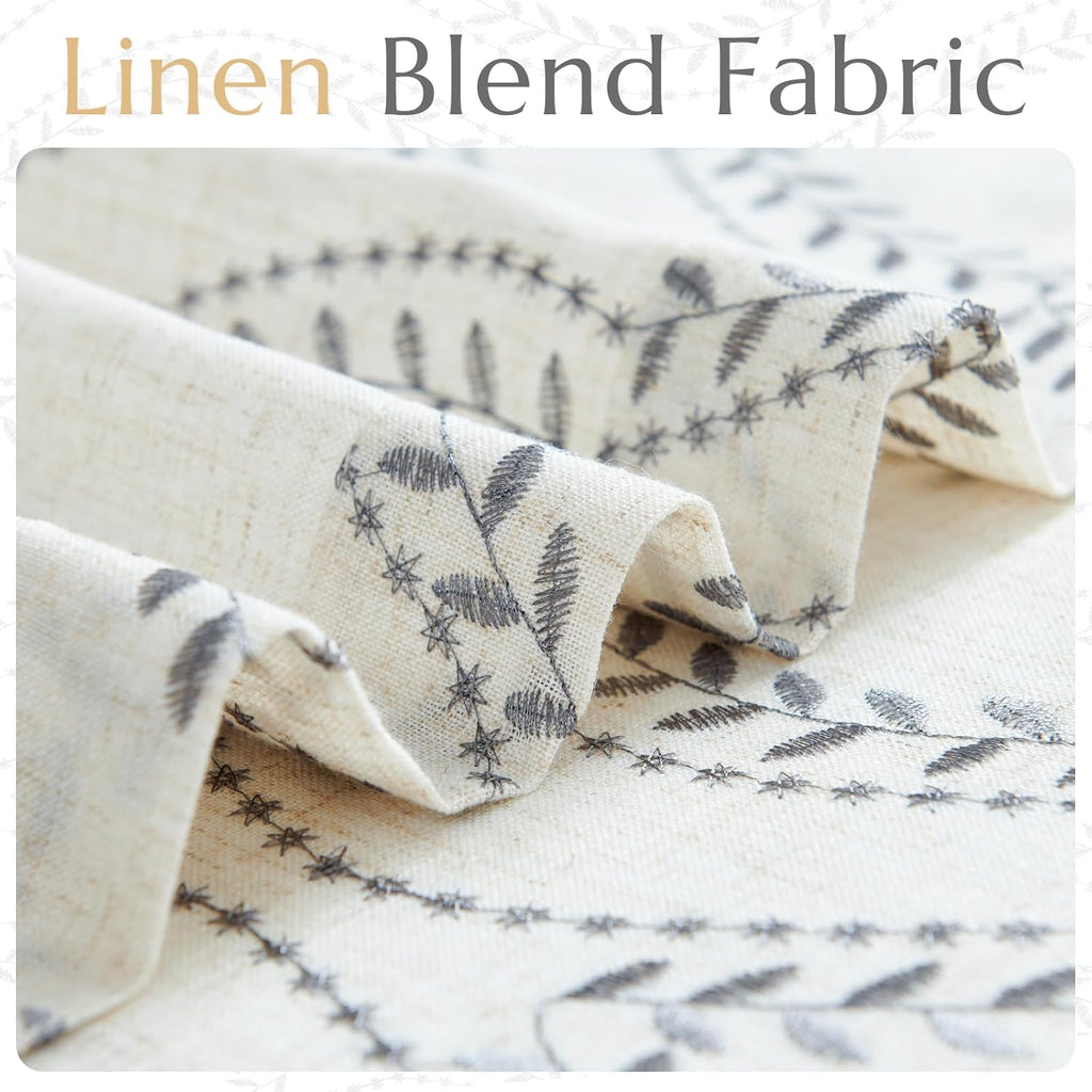 jinchan Boho Linen Blend Curtains Beige Farmhouse Curtains 84 Inches Long Grey Embroidered Leaf Living Room Ogee Geometry Drapes Light Filtering Grommet Country Drapes 2 Panels Gray on Flax