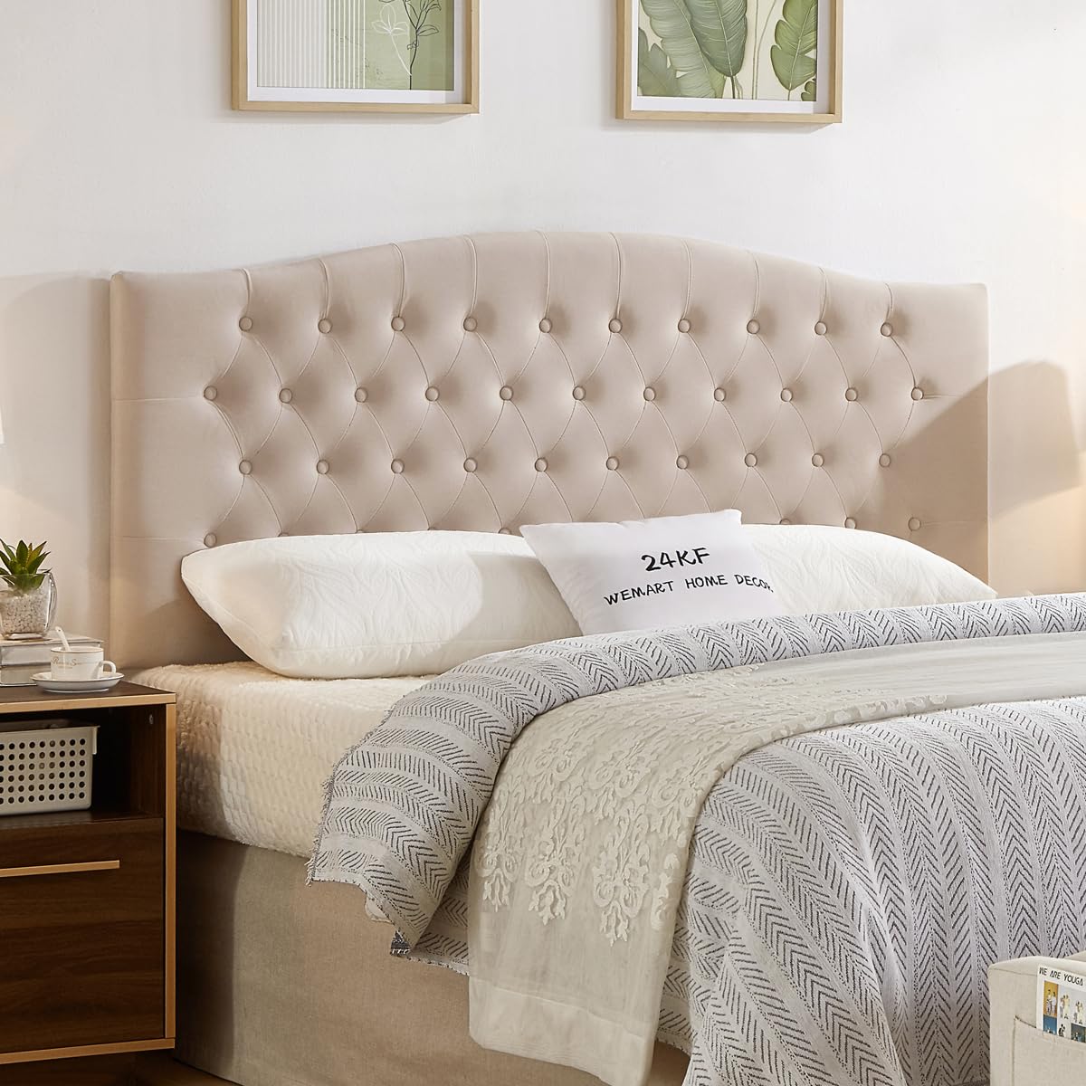 24KF Upholstered Tufted Button Linen Fabric Headboard,Comfortable Fashional Headboard Queen/Full Size,Ivory