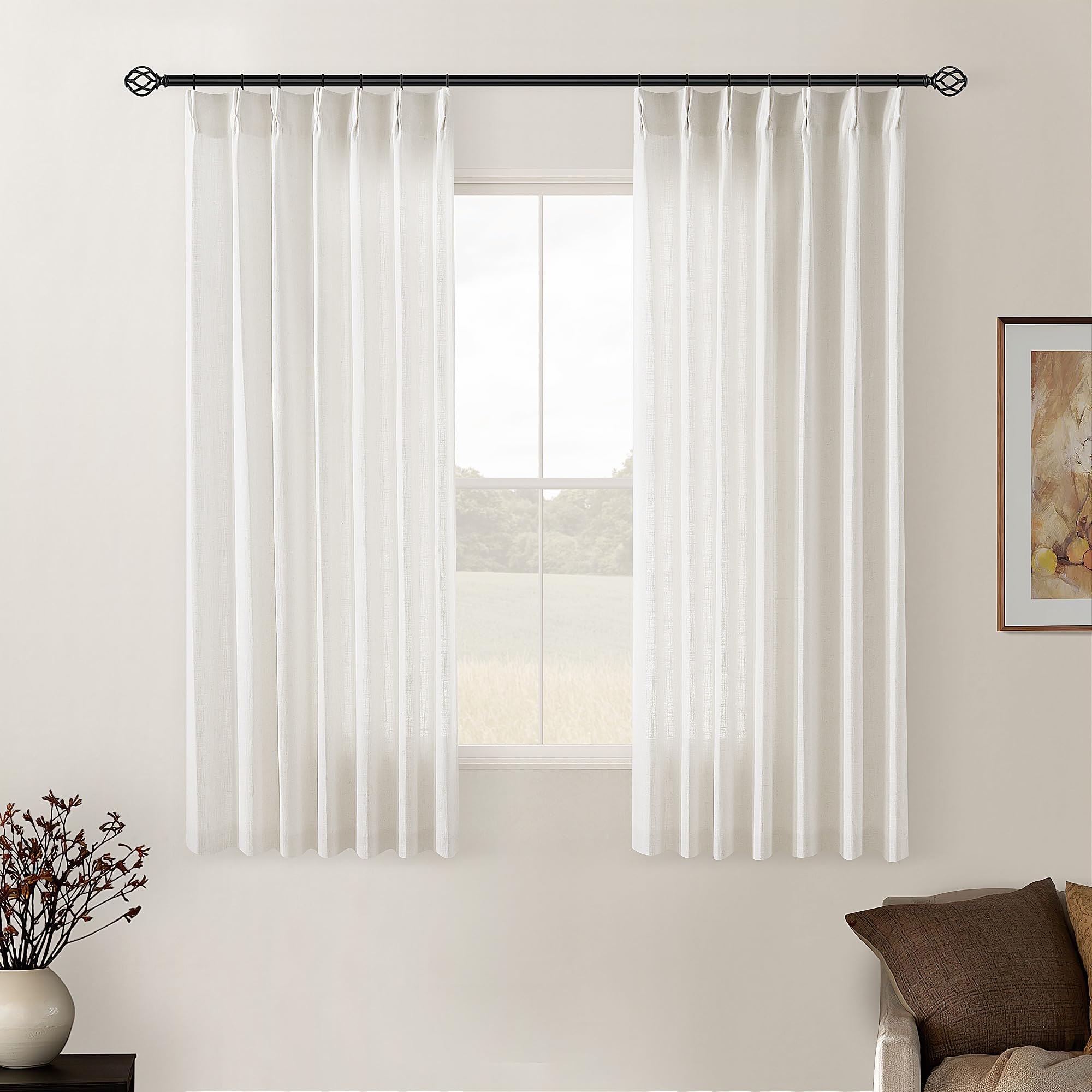 Pinch Pleated Linen Curtains 108 Inches Long for Living Room 2 Panels Set Cream Ivory Flax Double Pleated Drapes Back Tab Neutral Boho Ceiling Floor 108 Inch Window Curtains Bedroom Natural Birch