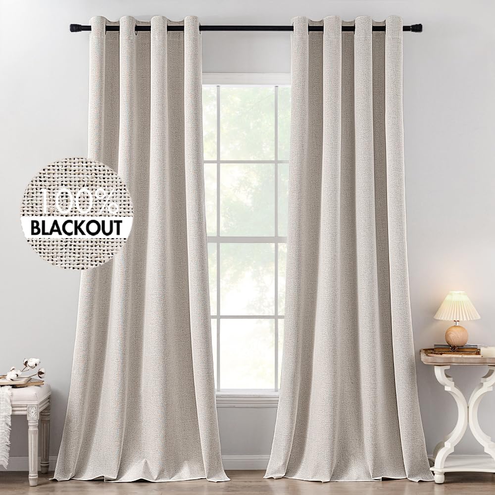 MIULEE 100% Blackout Linen Textured Curtains for Bedroom Solid Thermal Insulated Natural Beige Grommet Room Darkening Curtains & Drapes Luxury Decor for Living Room Nursery 52 x 96 Inch (2 Panels)