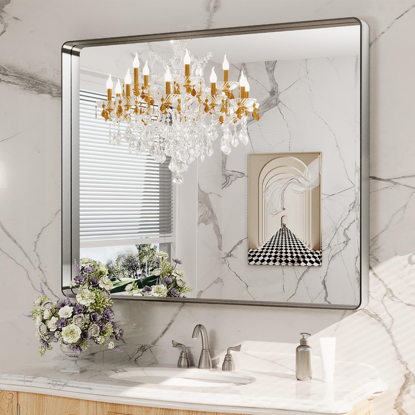 LOAAO Black Metal Framed Bathroom Mirror for Wall, 22X30 Inch Rounded Rectangle Mirror, Matte Black Bathroom Vanity Mirror Farmhouse, Anti-Rust, Hangs Horizontally or Vertically