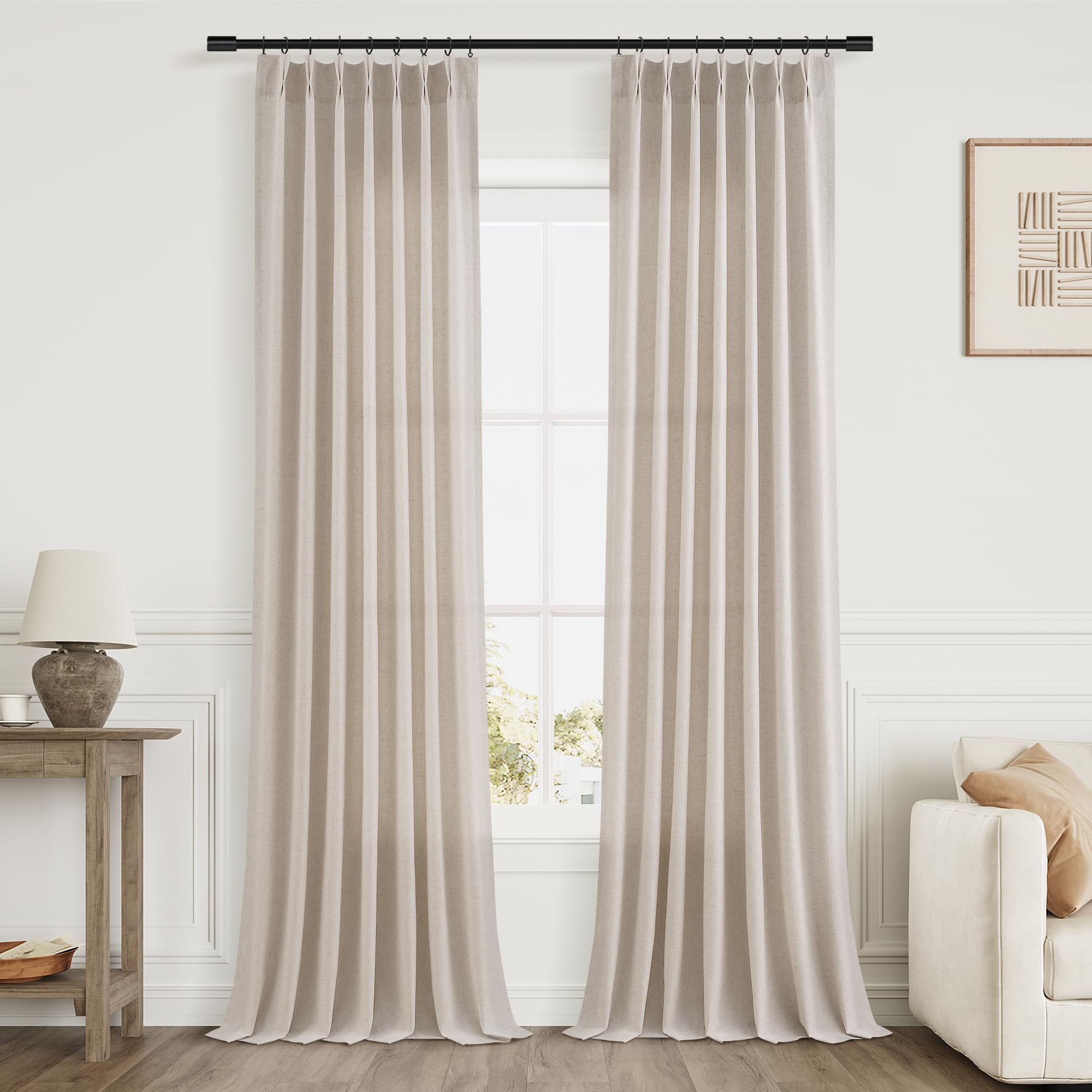 Extra Long Linen Curtains 108 Inch for Living Room Cream Pinch Pleated 9 FT Drapes Semi Sheer Ceiling to Floor Curtain for Bedroom Back Tab Flax Neutral Boho Decor Window, Natural Beige Ivory 2 Panels