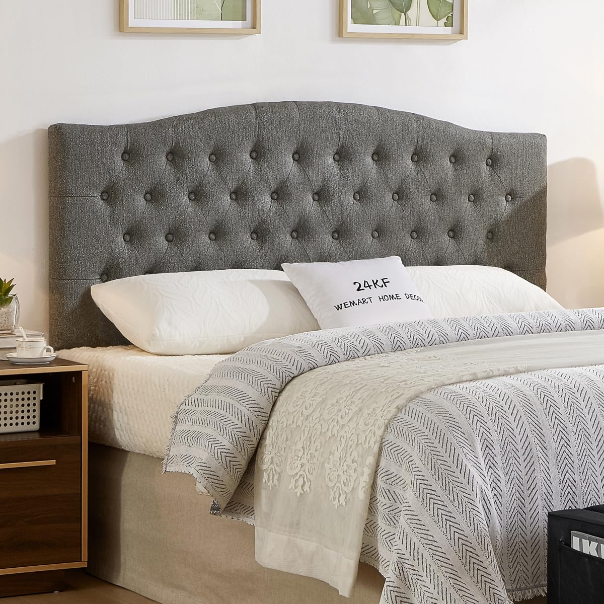 24KF Upholstered Tufted Button Linen Fabric Headboard,Comfortable Fashional Headboard Queen/Full Size,Ivory