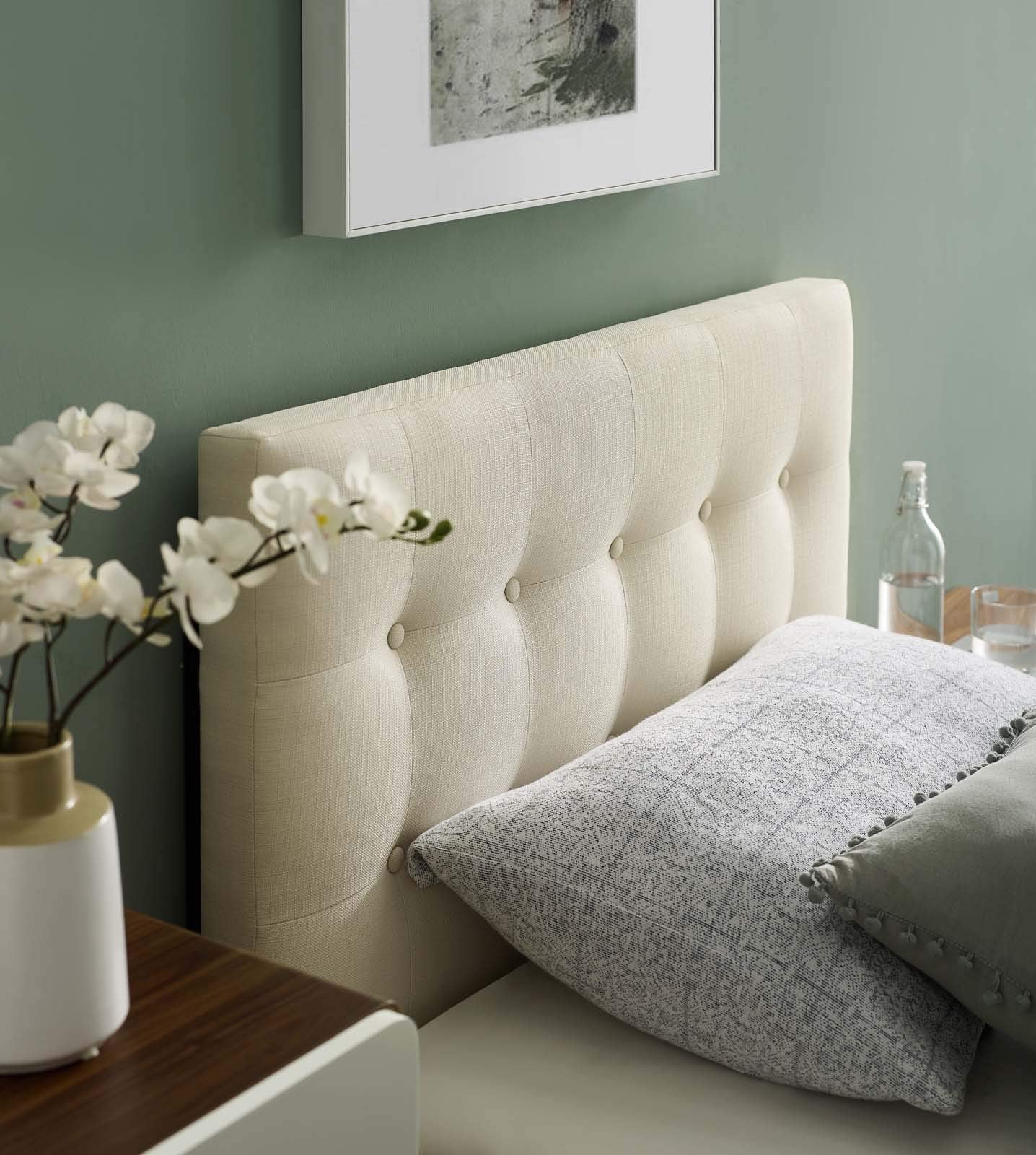 Modway Emily Tufted Button Linen Fabric Upholstered Full Headboard in Ivory