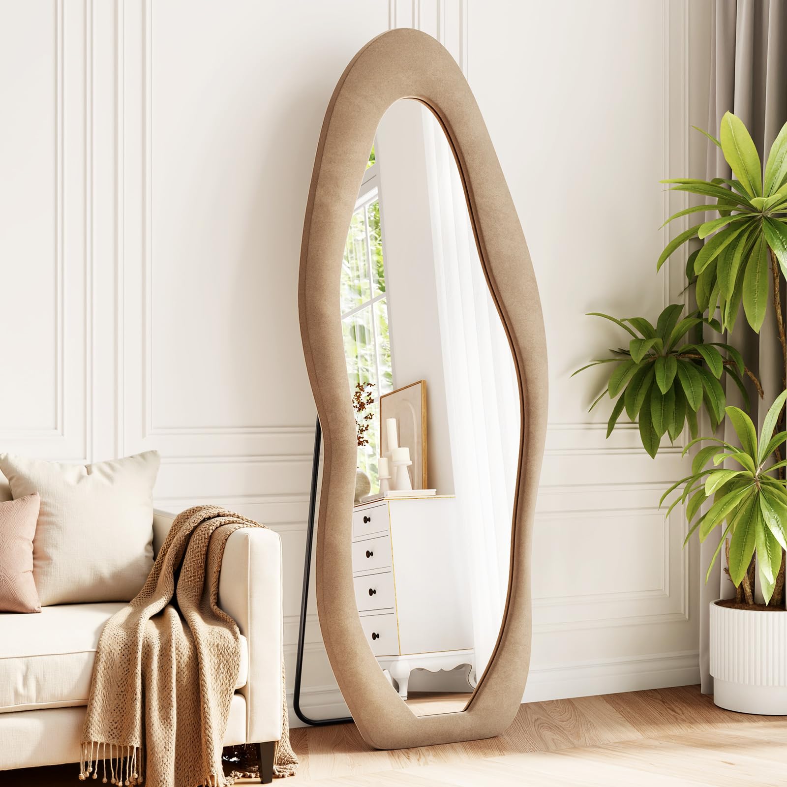 Irregular Full Length Mirror, 63"x24" Flannel Full Body Mirrors, Velvet Floor Mirrors with Stand, Irregular Wavy Mirror Hanging or Leaning Against Wall for Bedroom Living Room, Brown