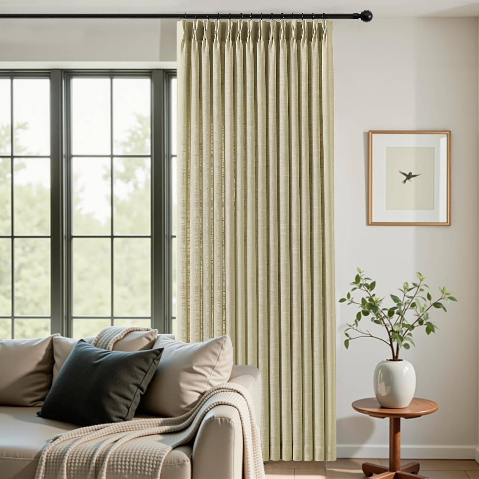 Pinch Pleated Linen Curtains 84 Inch Length 2 Panels Set, Light Filtering Linen Blend Sheer Drapes Memory Trained Pleated Curtain Back Tab with Hooks Rings for Living Room Bedroom, Natural, W40xL84