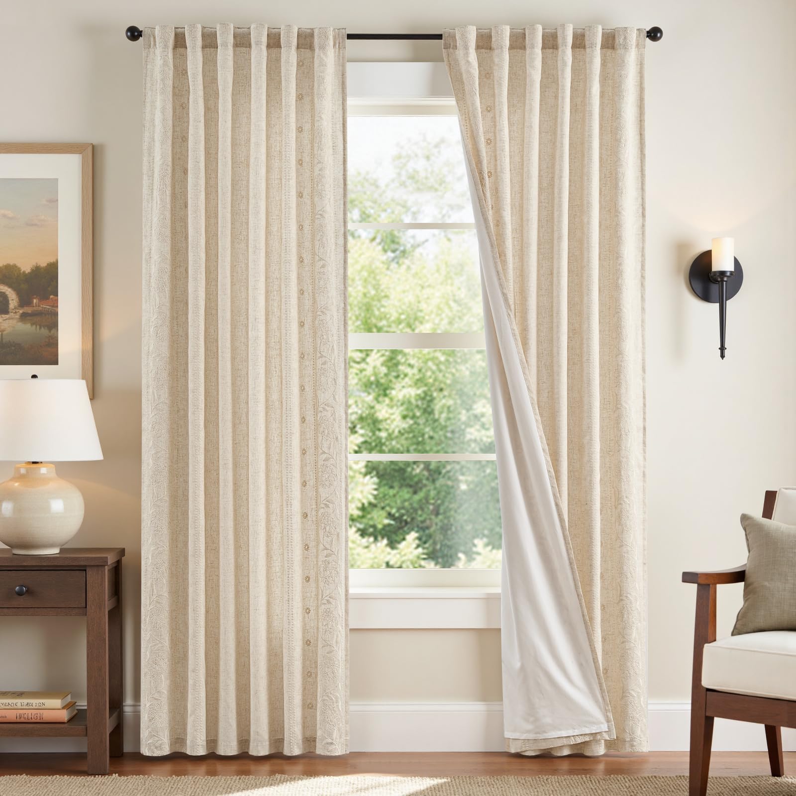 jinchan Winslow Linen Curtains for Bedroom 84 Inches Length Embroidered Bordered Floral Curtains for Living Room Farmhouse Decor Light Filtering Window Treatments Ivory on Beige Drapes 2 Panels