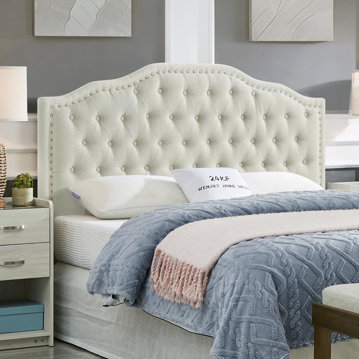 24KF Upholstered Button Tufted Queen Headboard with Nailhead Trim, Elegant Boucle Fabric Full headboard, 6031-Q-Boucle-Ivory