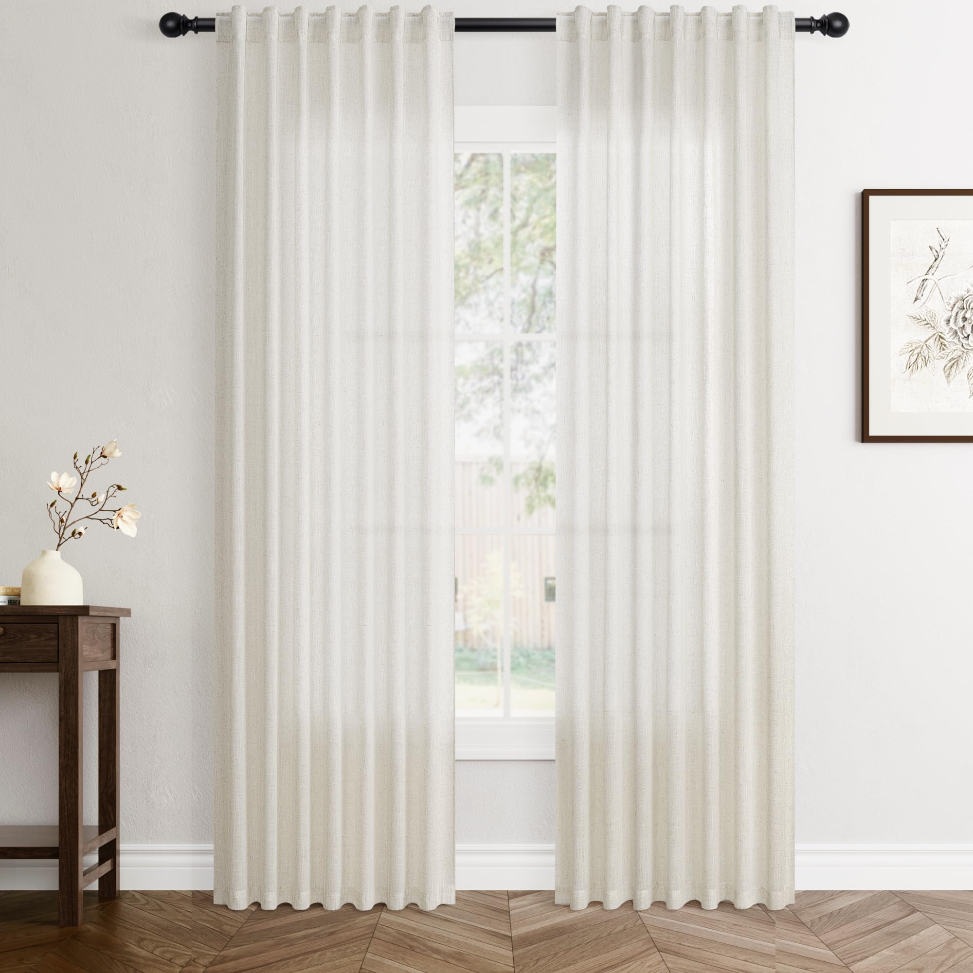 Flax Linen Beige Curtains 96 inches Long 2 Panel for Living Room Back Tab Pocket Drapes Semi Sheer Privacy Khaki Window Curtain Country Rustic Farmhouse Cloth Curtain for Dinning Room Tan