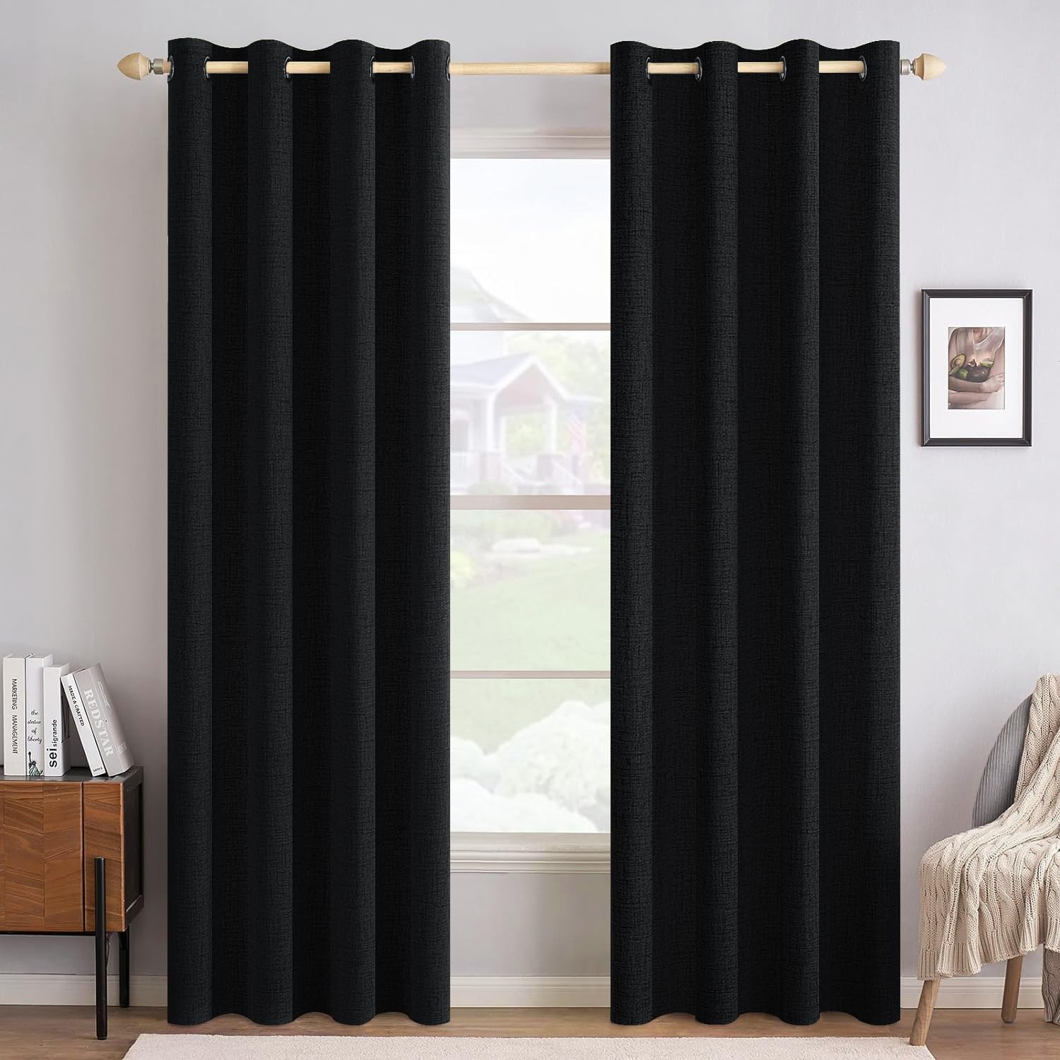 MIULEE Linen Texture Curtains for Bedroom Solid 100% Blackout Thermal Insulated Dusty Blue Curtains Grommet Room Darkening Drapes Luxury Decor for Living Room Nursery 52x84 Inch (2 Panels)