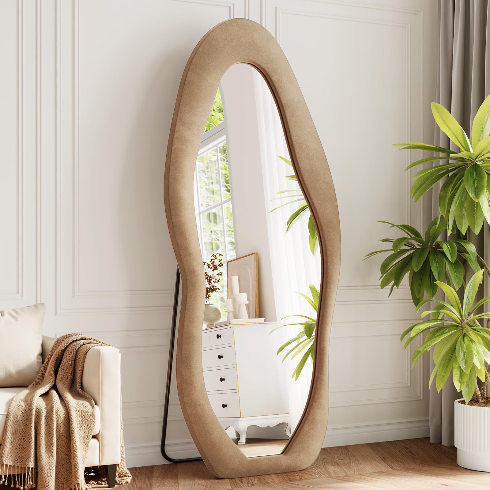 Irregular Full Length Mirror, 63"x24" Flannel Full Body Mirrors, Velvet Floor Mirrors with Stand, Irregular Wavy Mirror Hanging or Leaning Against Wall for Bedroom Living Room, Brown