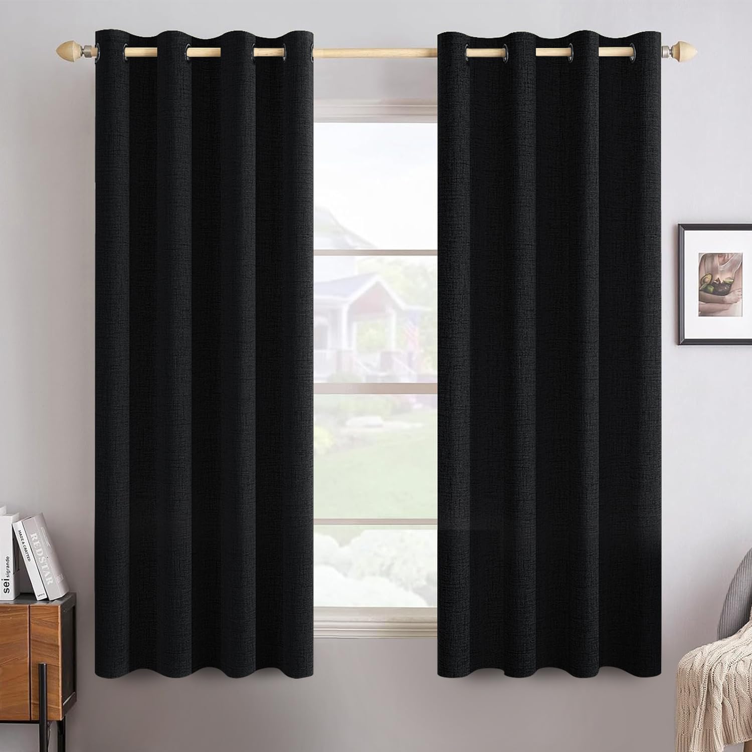 MIULEE Linen Texture Curtains for Bedroom Solid 100% Blackout Thermal Insulated Dusty Blue Curtains Grommet Room Darkening Drapes Luxury Decor for Living Room Nursery 52x84 Inch (2 Panels)