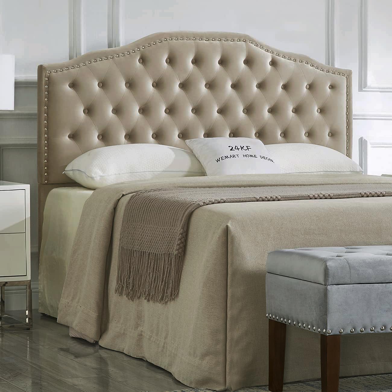 24KF Upholstered Button Tufted Queen Headboard with Nailhead Trim, Elegant Boucle Fabric Full headboard, 6031-Q-Boucle-Ivory