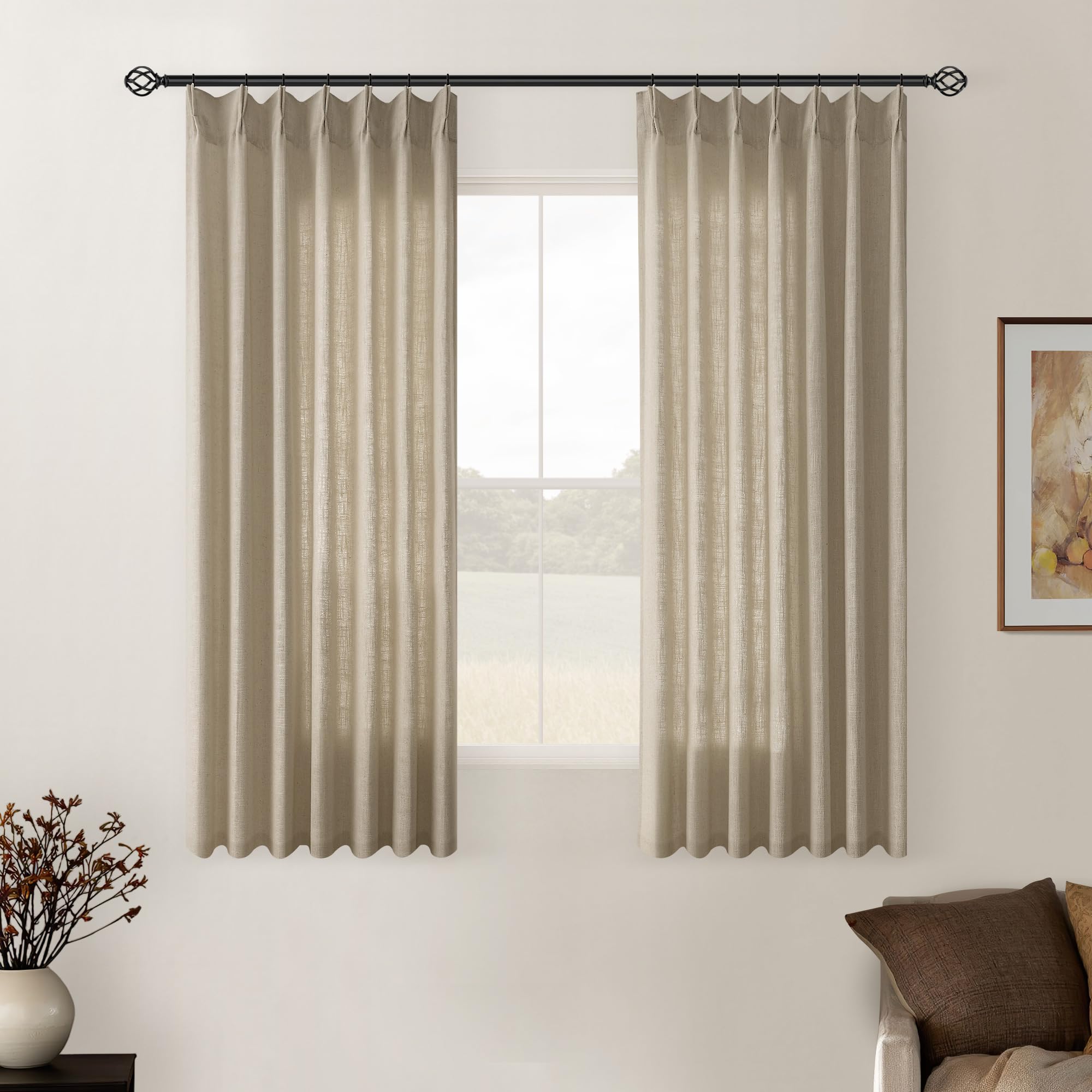 Pinch Pleated Linen Curtains 108 Inches Long for Living Room 2 Panels Set Cream Ivory Flax Double Pleated Drapes Back Tab Neutral Boho Ceiling Floor 108 Inch Window Curtains Bedroom Natural Birch