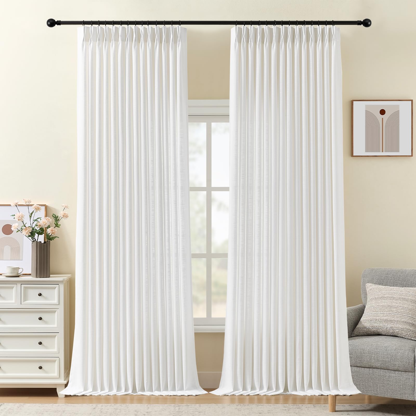 Pinch Pleated Linen Curtains 84 Inch Length 2 Panels Set, Light Filtering Linen Blend Sheer Drapes Memory Trained Pleated Curtain Back Tab with Hooks Rings for Living Room Bedroom, Natural, W40xL84