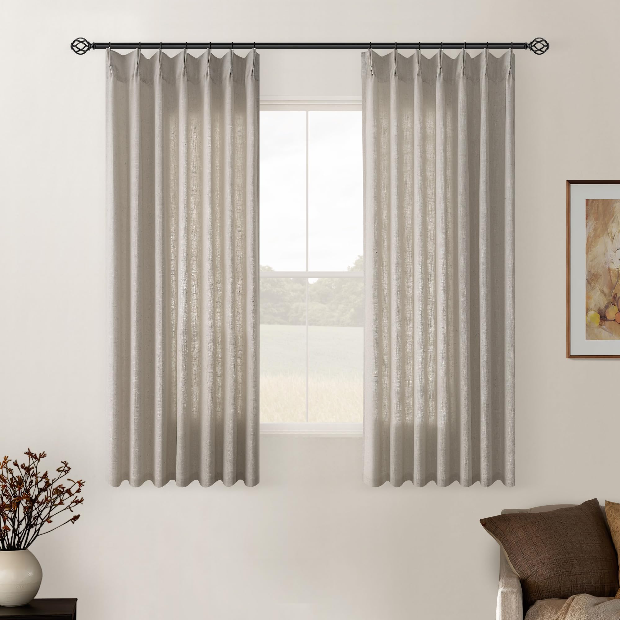 Pinch Pleated Linen Curtains 108 Inches Long for Living Room 2 Panels Set Cream Ivory Flax Double Pleated Drapes Back Tab Neutral Boho Ceiling Floor 108 Inch Window Curtains Bedroom Natural Birch