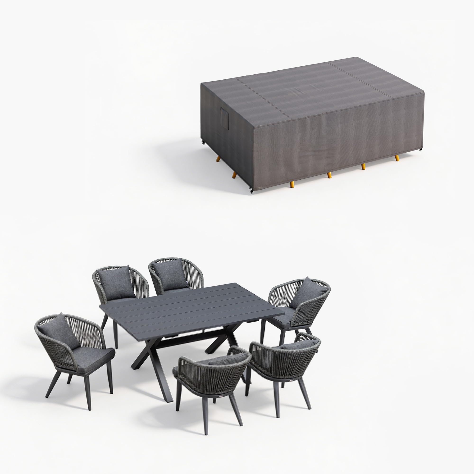 PURPLE LEAF 9 Pieces Patio Dining Set Wicker Outdoor Furniture Rectangular Table and Chairs Set for Garden Deck Teak-Finish Aluminum Frame Backyard Kitchen Set, Cushions and Pillows Included